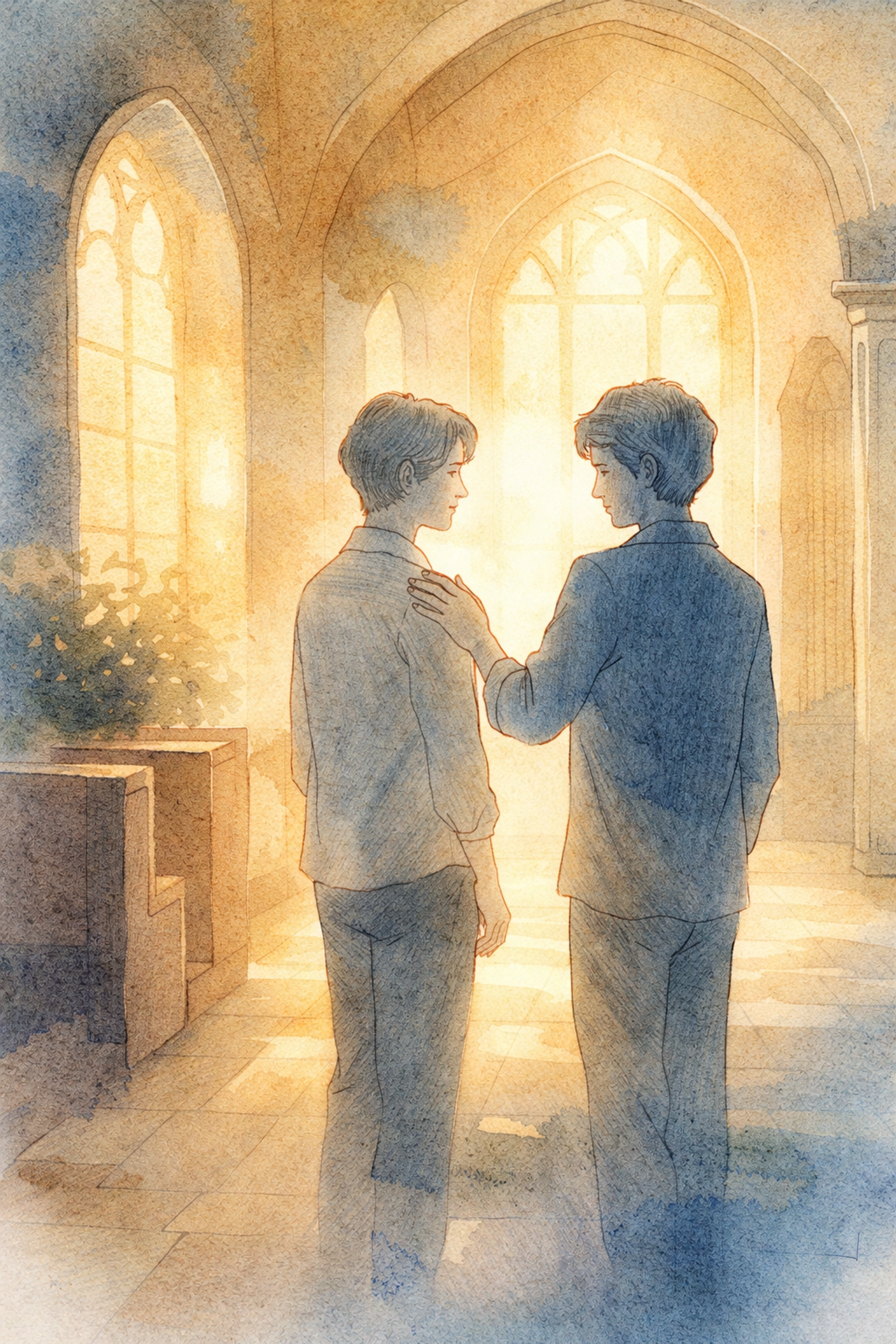 Watercolor illustration of two people in a sunlit church hallway, connecting and showing care over tasks.