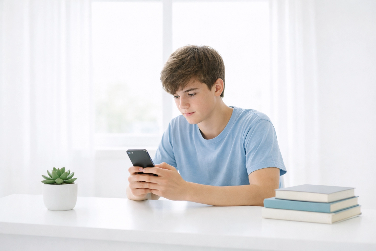 Teenage boy using a smartphone in his bedroom to access AI chatbots for support.