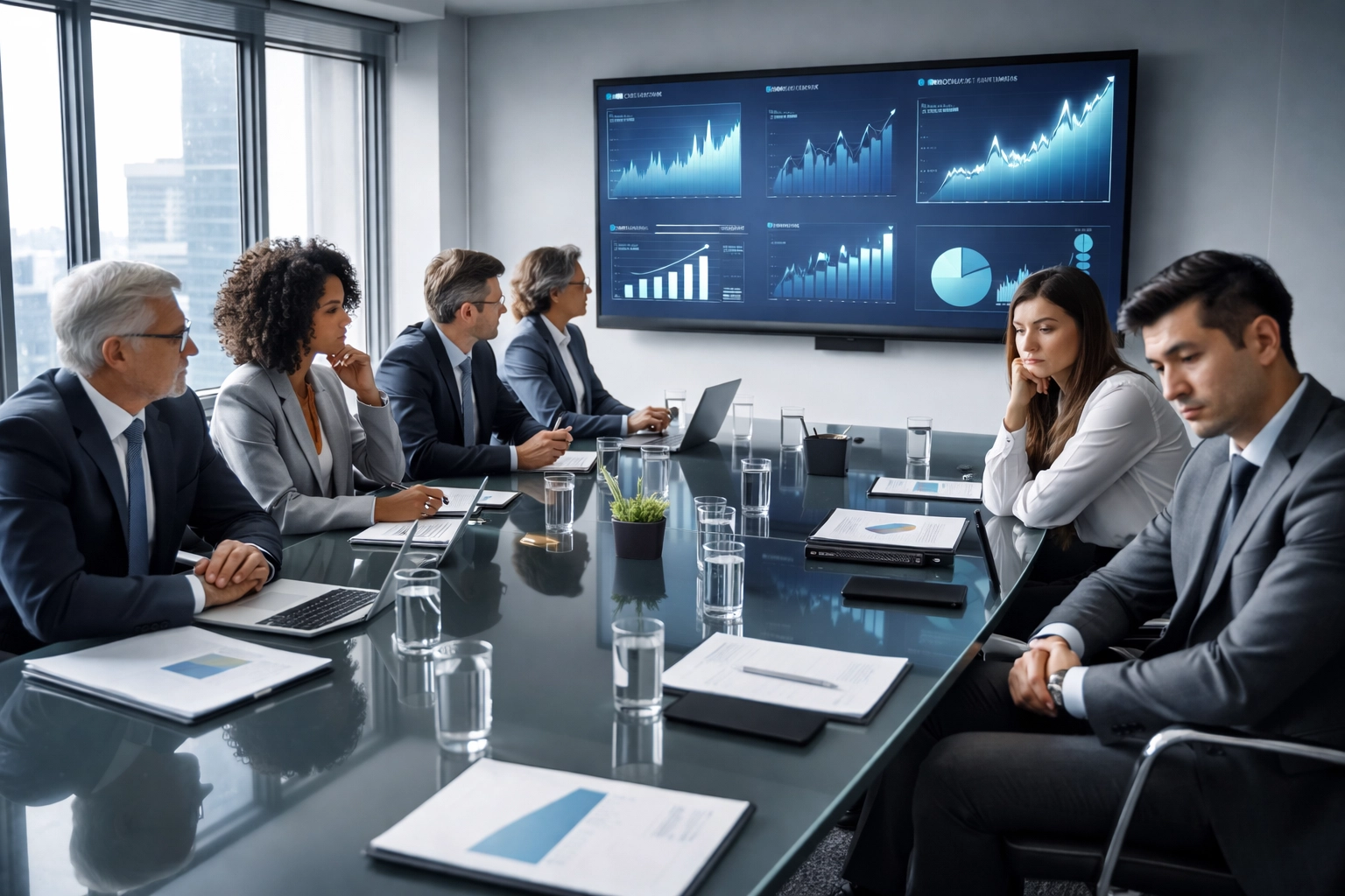Diverse executive team in modern boardroom reacts to AI productivity metrics, showing both celebration and concern