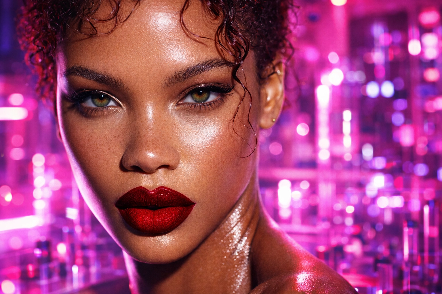 Close-up of a model with luminous skin and bold red velvet lipstick