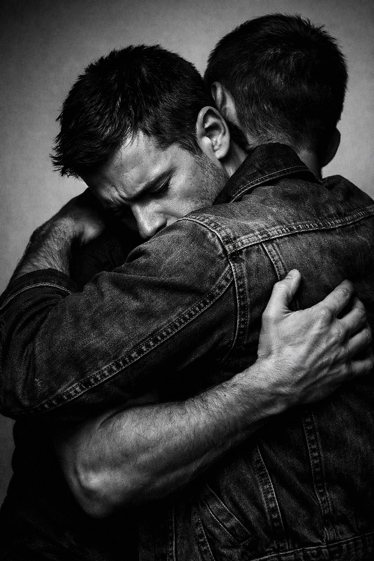 Two men in an intimate embrace, representing vulnerability and breaking the hetero mold in gay fiction.