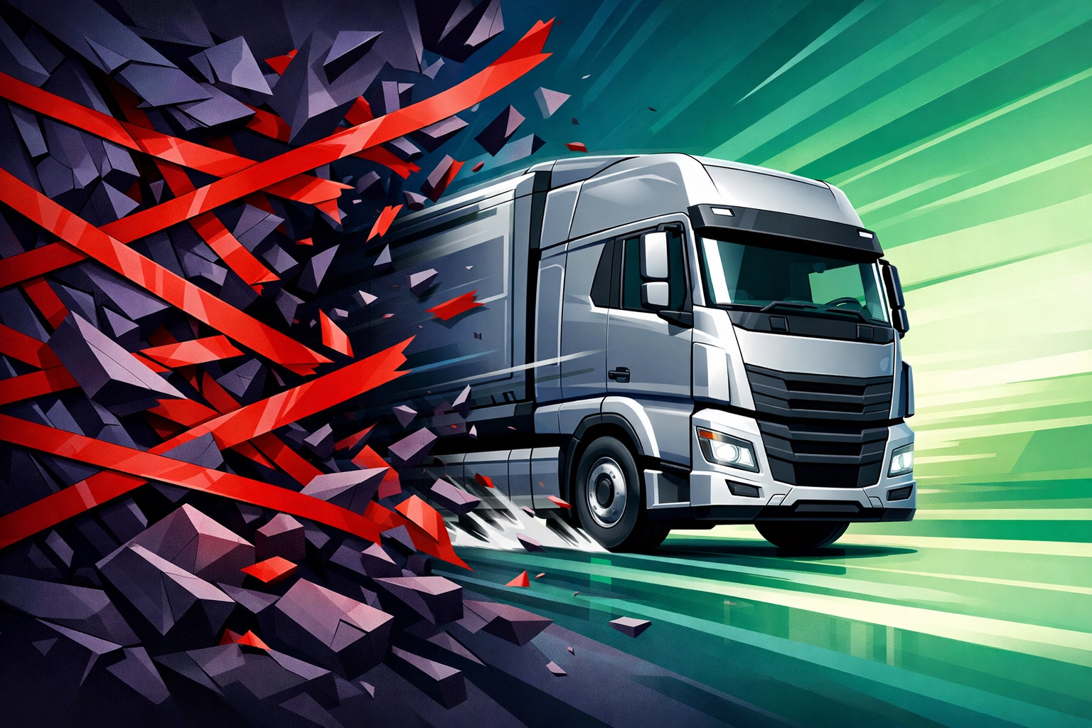 HGV truck breaking through barriers representing efficient driver onboarding for Manchester logistics jobs.