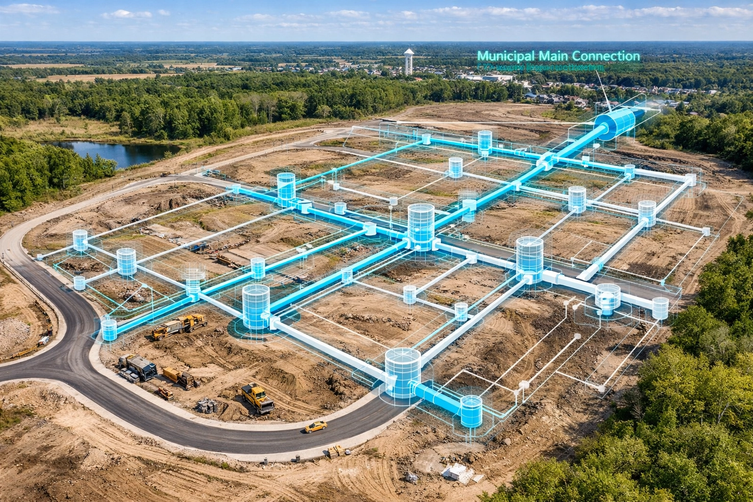 Aerial view of Ontario land development with technical overlay of underground storm and sanitary pipe networks.
