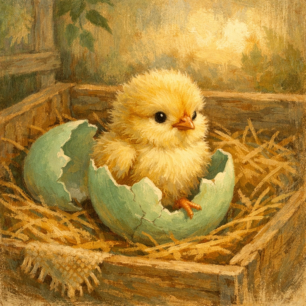 A tiny newborn chick hatching from a pale green eggshell on a bed of hay at Faithful Flock Farm.