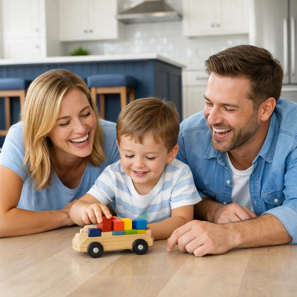 Happy family relaxing on clean hardwood floors in a home serviced by professional cleaners in Worcester.