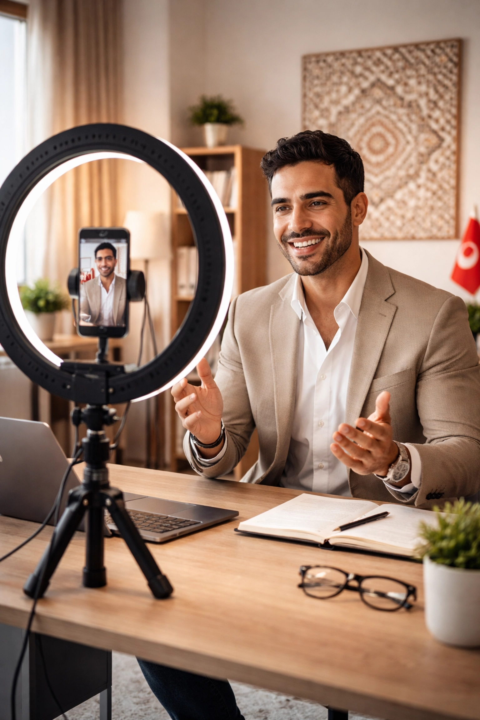 Entrepreneur tunisien enregistrant une vidéo professionnelle dans un bureau, stratégie vidéo LinkedIn moderne