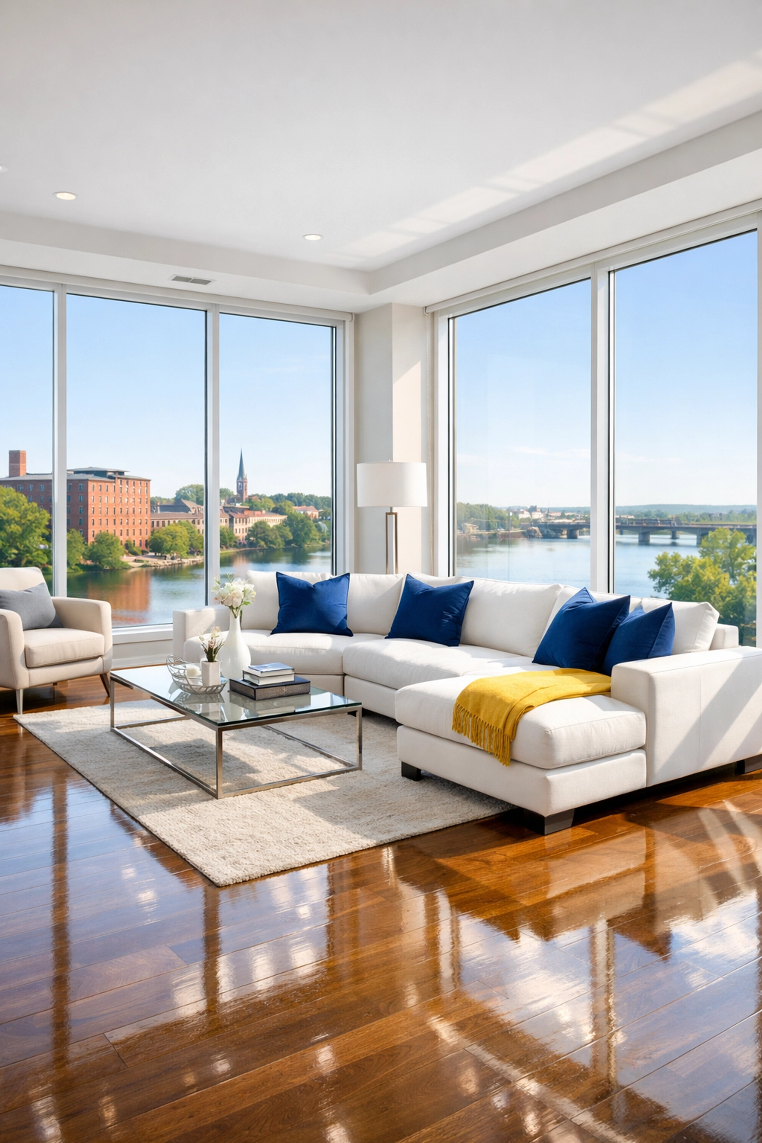 Pristine luxury living room in Lowell with polished hardwood floors following a professional move-in cleaning.