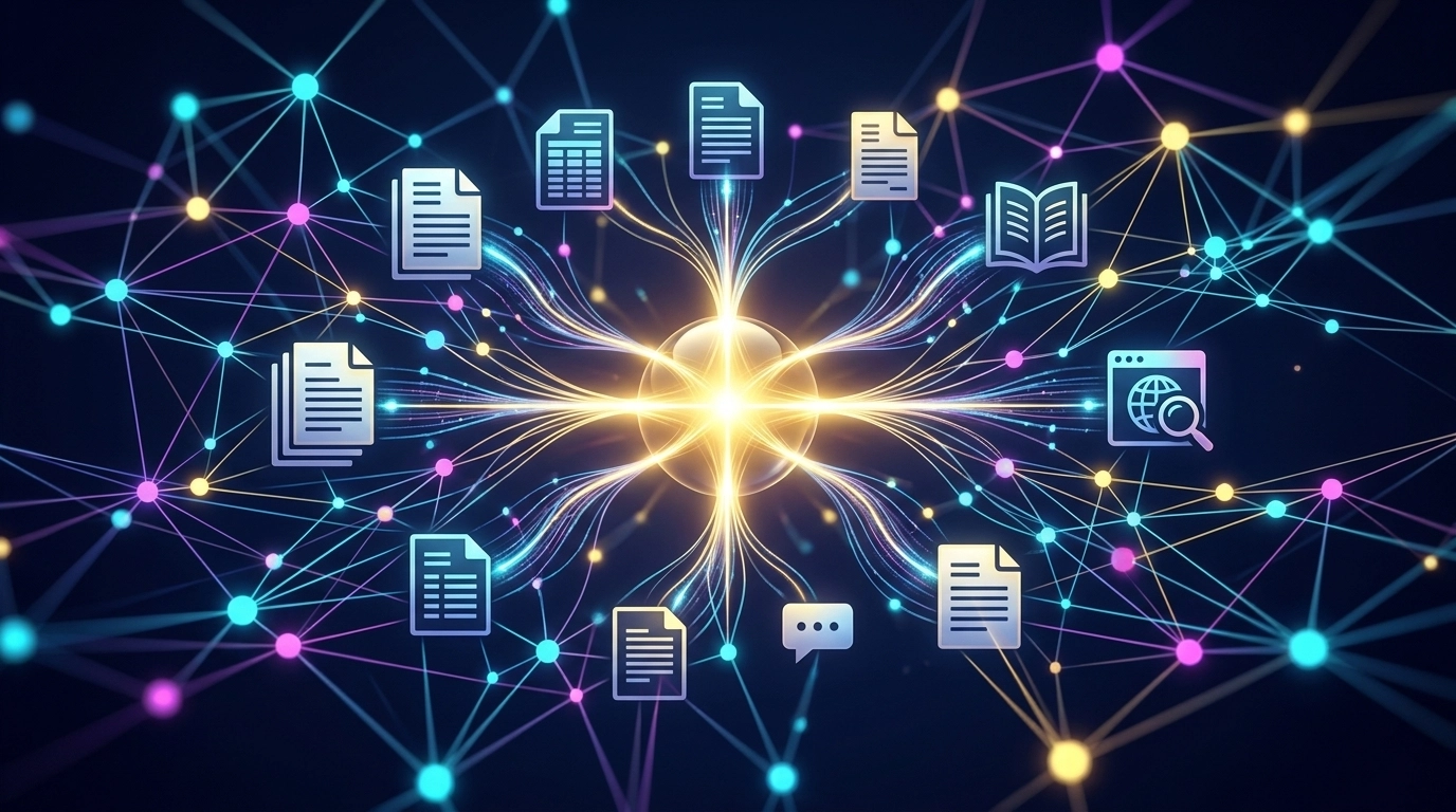 A futuristic visualization of a digital neural network synthesizing information