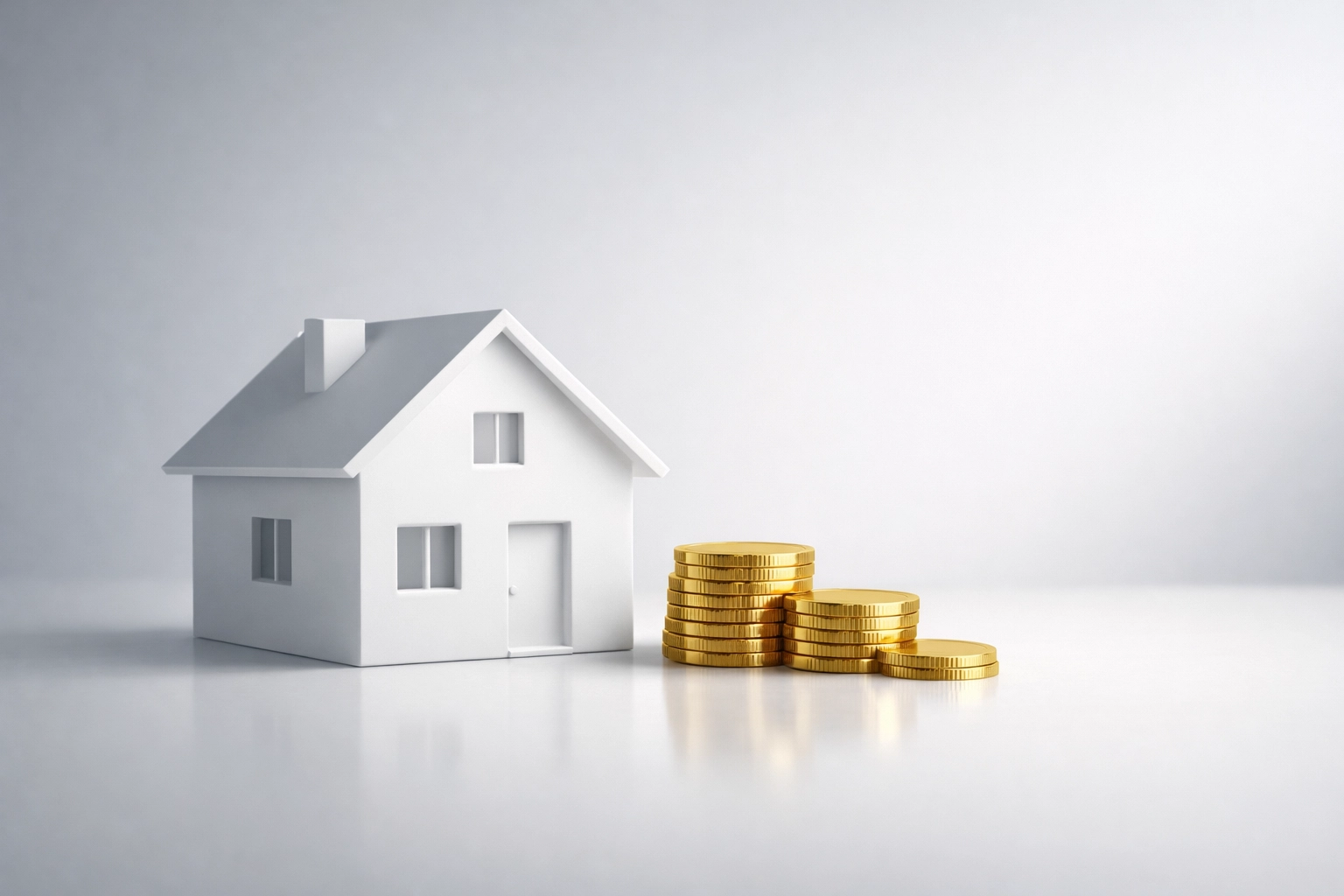 Modern house model with stacked coins illustrating savings on Houston mortgage payments.