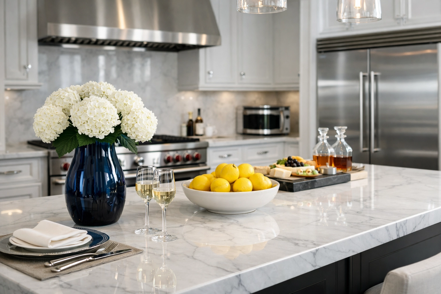 Spotless marble kitchen island prepped for guests with luxury house cleaning in Foxborough.