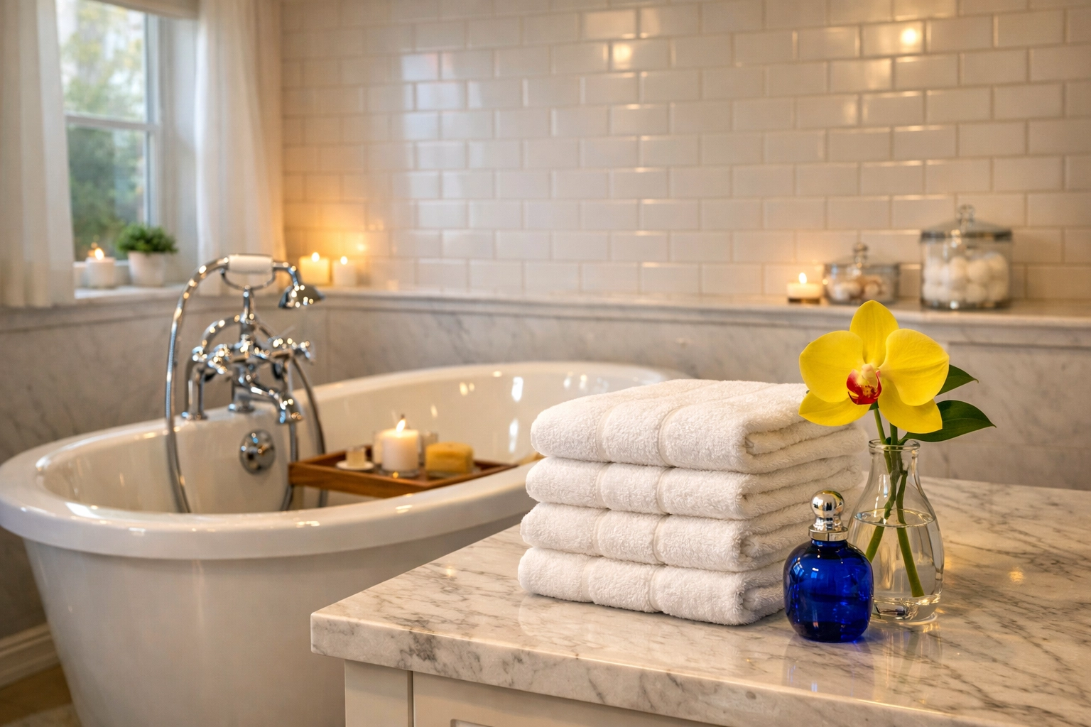 Luxury Westford bathroom with a soaking tub cleaned by recurring weekly house cleaning Westford services.