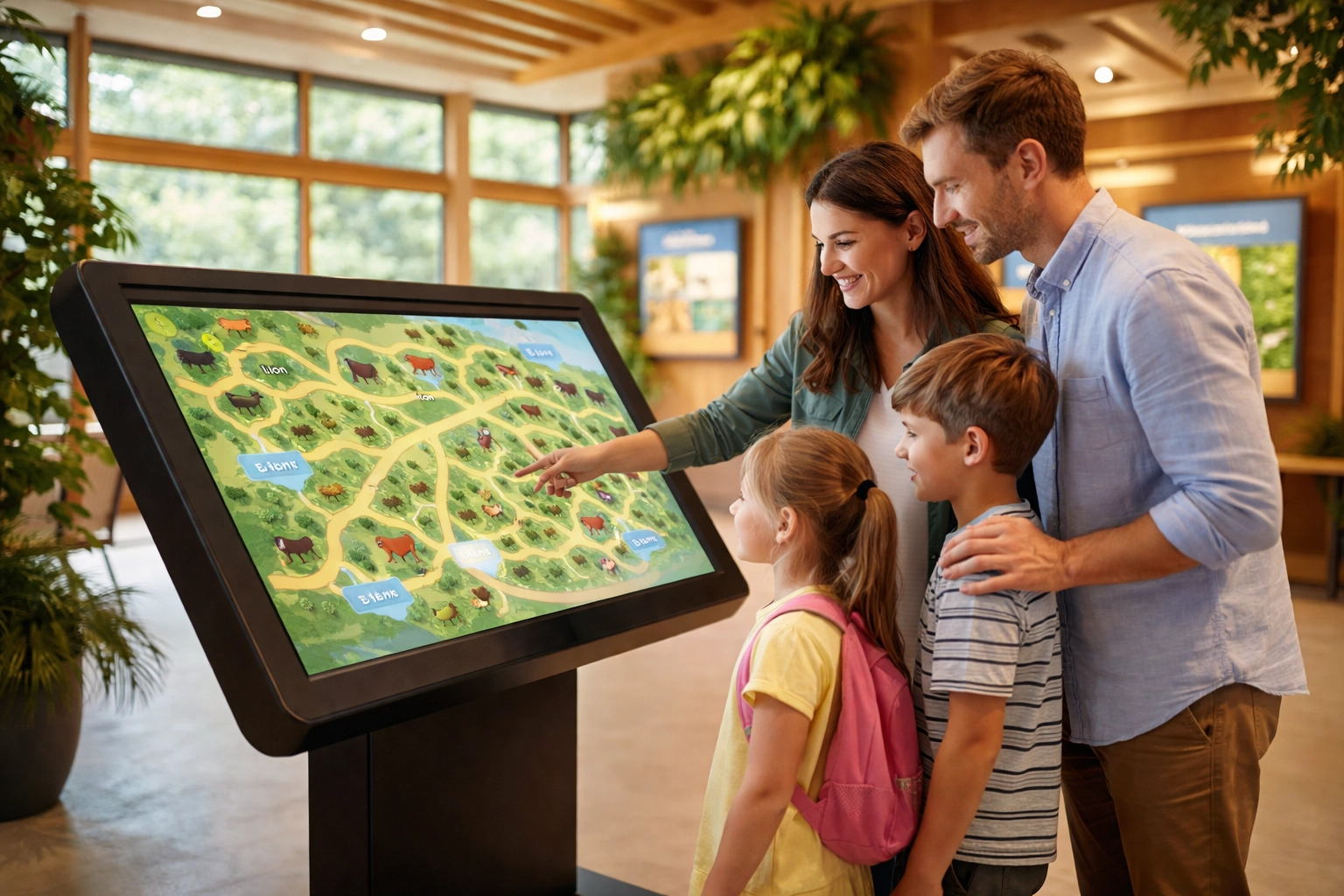 Family interacts with digital signage wayfinding display at a zoo visitor center, demonstrating technology integration.