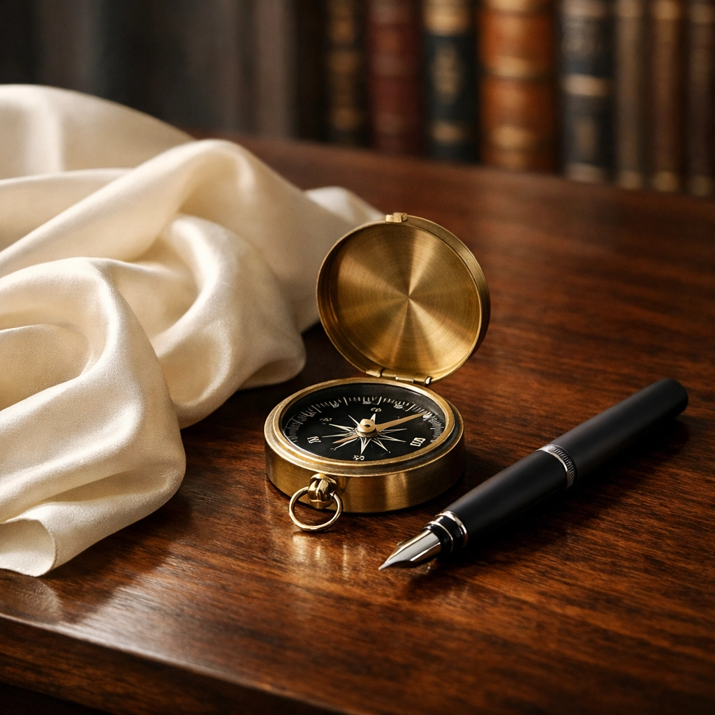 Luxury ivory silk, a vintage compass, and a black fountain pen illustrating Silk Road's commitment to quality craftsmanship.