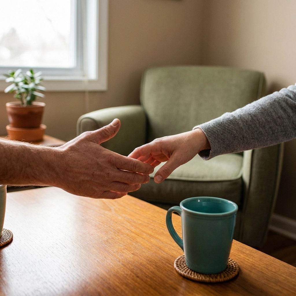 A calm, modern therapy space with soft natural light and muted teal accents, evoking warmth and trust in an affirming LGBTQ+-centered counseling setting.