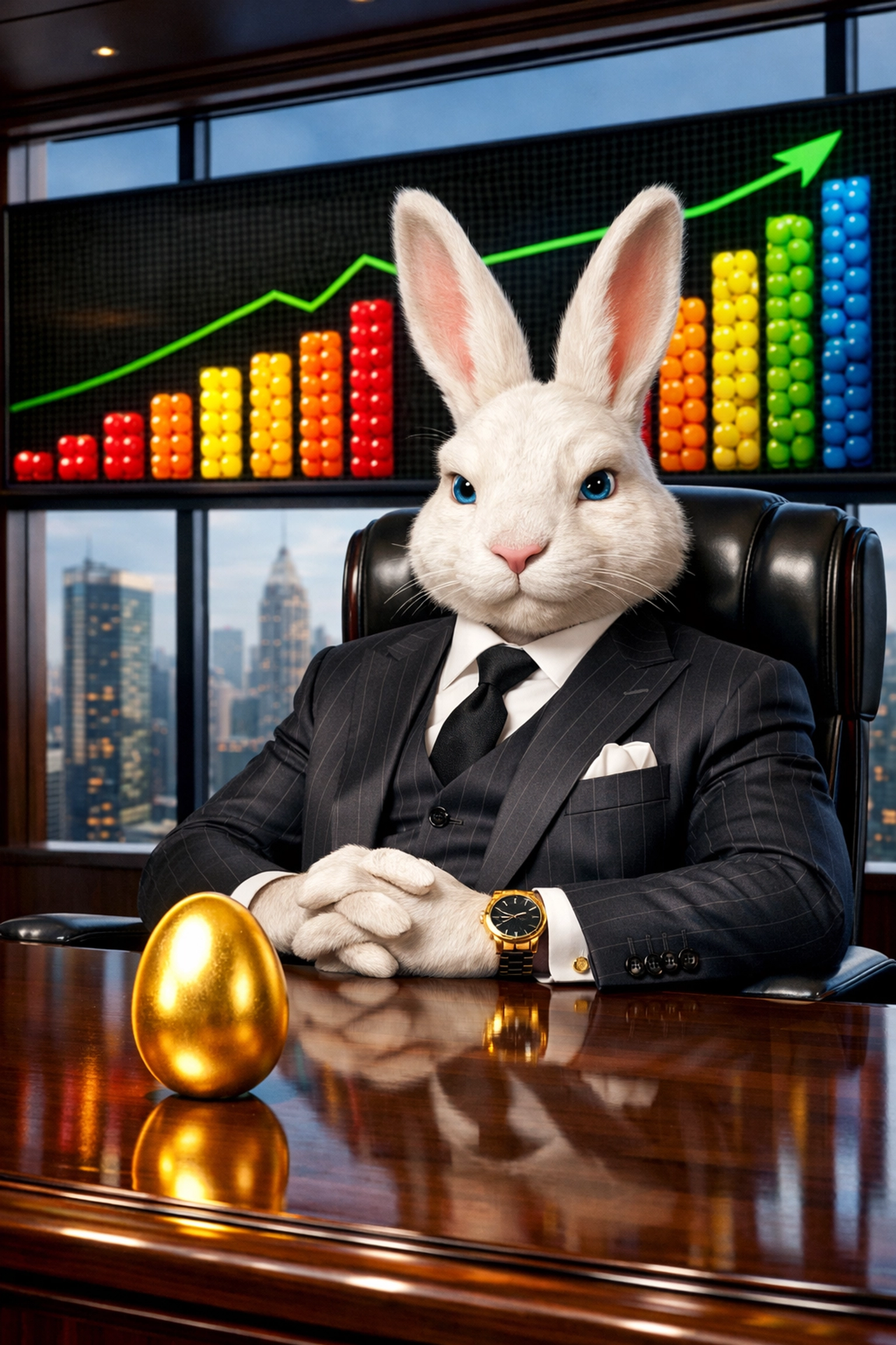 A businessman Easter Bunny at a corporate desk illustrating the commercial economics of the holiday.