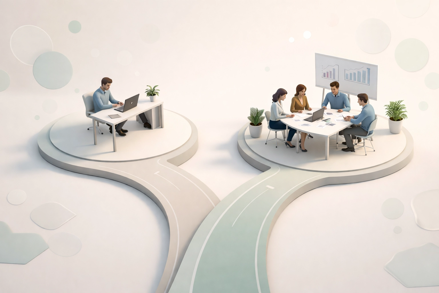 Illustration of retirement planning choices, showing solo entrepreneur and team pathways for business owner 401(k) options.