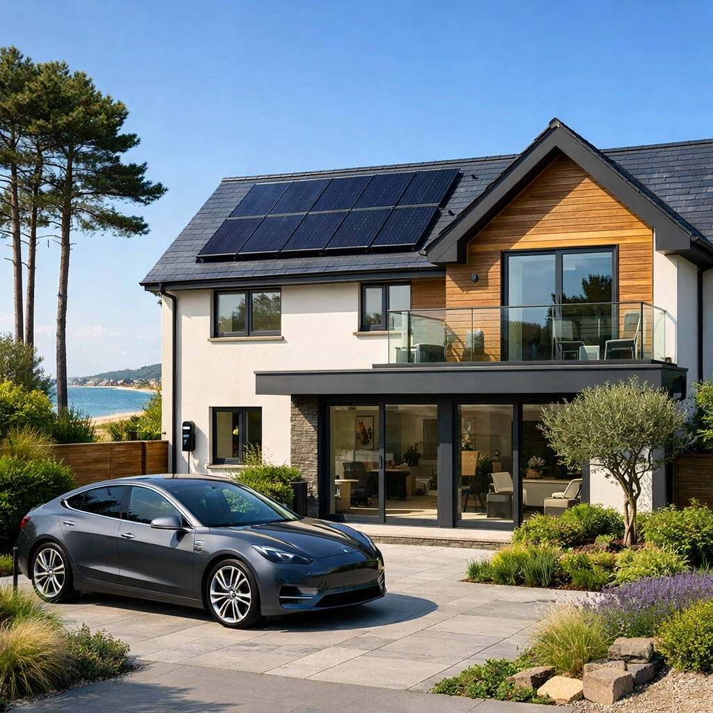 Modern Bournemouth home with solar panels and an EV, ready for Tesla Powerwall or GivEnergy battery storage.