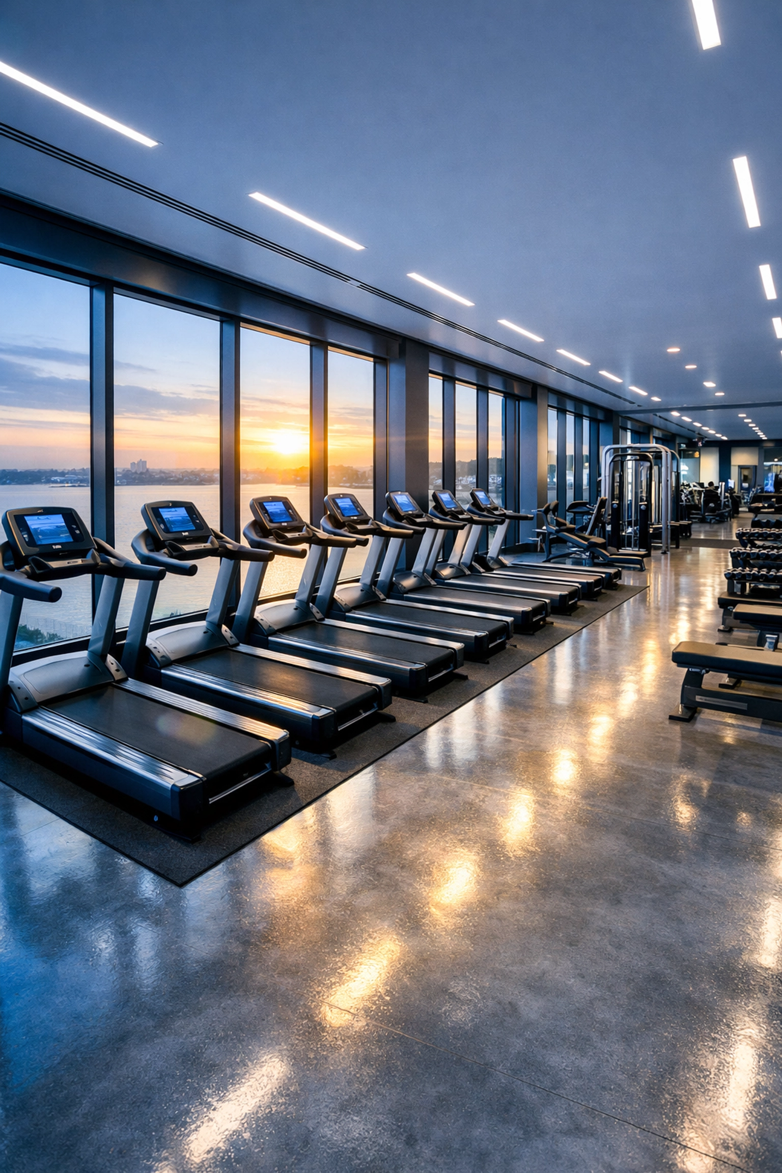 Professional fitness center cleaning in a modern, sanitized luxury gym with rows of treadmills.