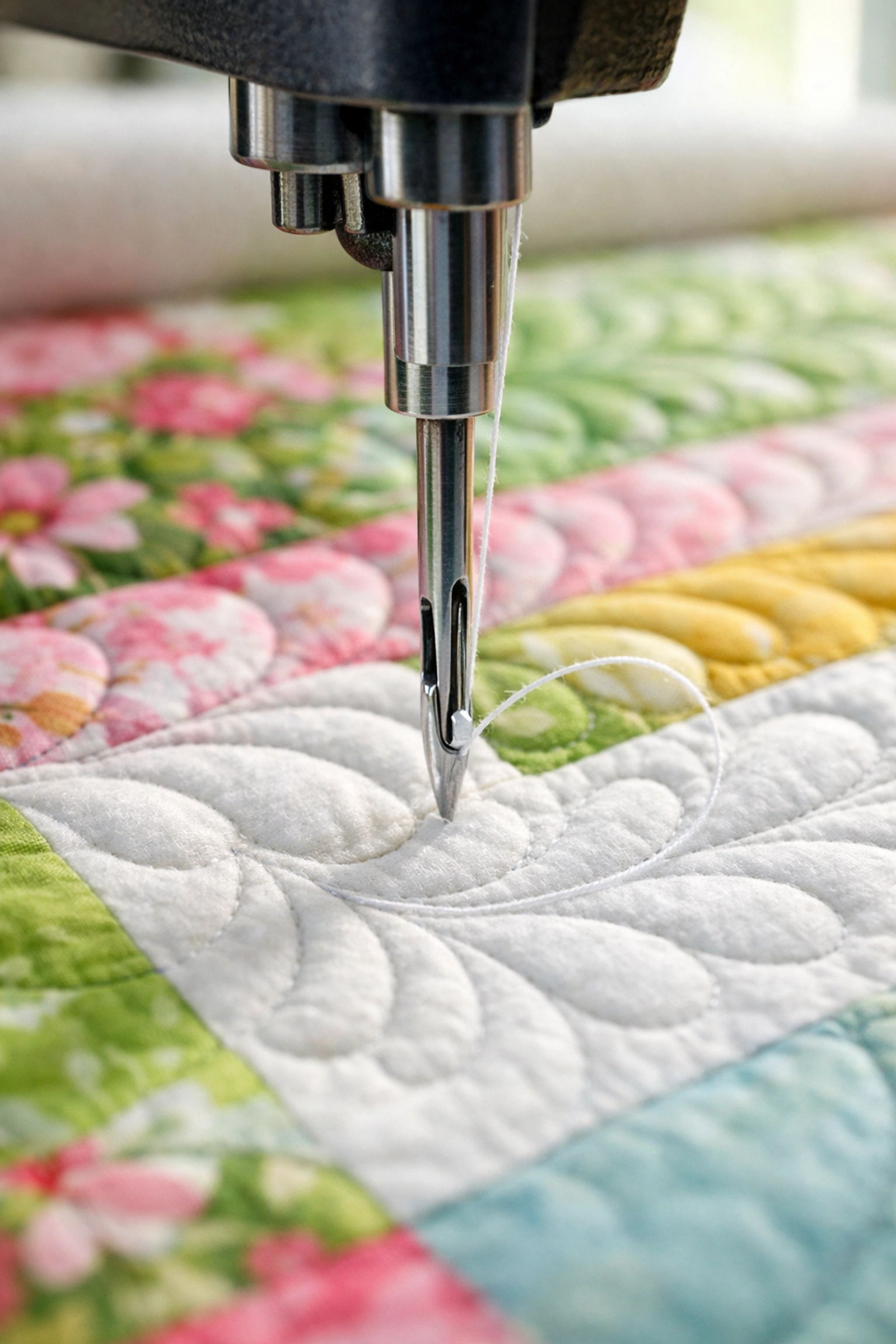Close-up of a longarm quilting machine stitching a repeating feather edge-to-edge design on fabric.