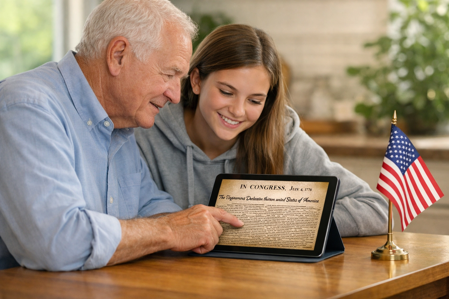 Grandfather and student exploring American history and civic education documents on a digital tablet.