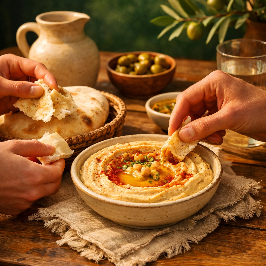 Sharing fresh pita bread and creamy hummus at a local Mediterranean food spot in Multnomah.