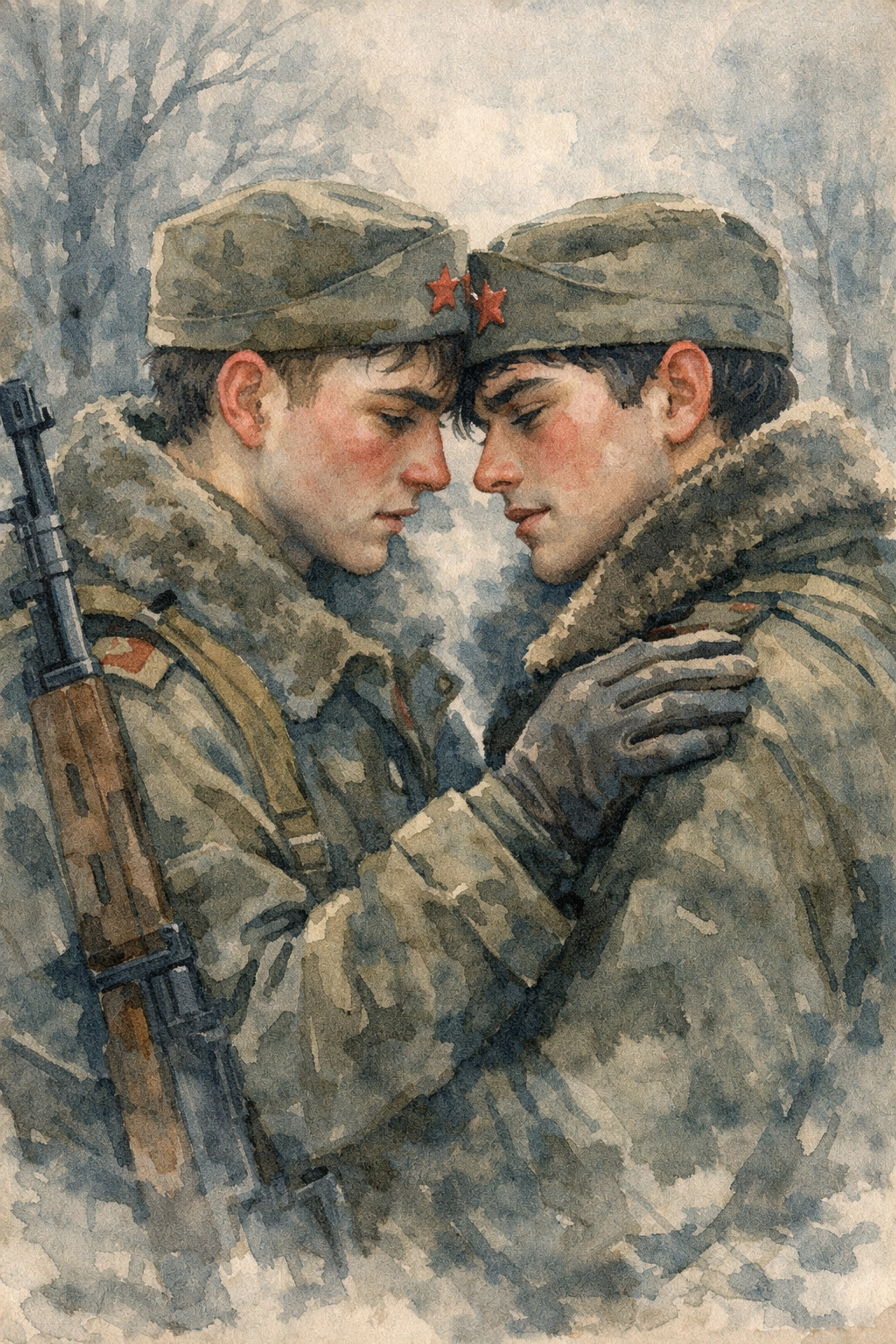Gay soldiers in Yugoslav military uniforms share warmth during winter training exercise