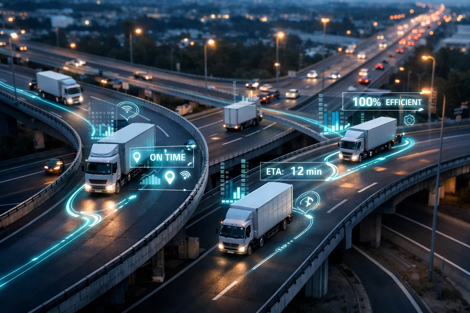 AI-powered fleet route optimization showing real-time telematics data overlay on highway traffic