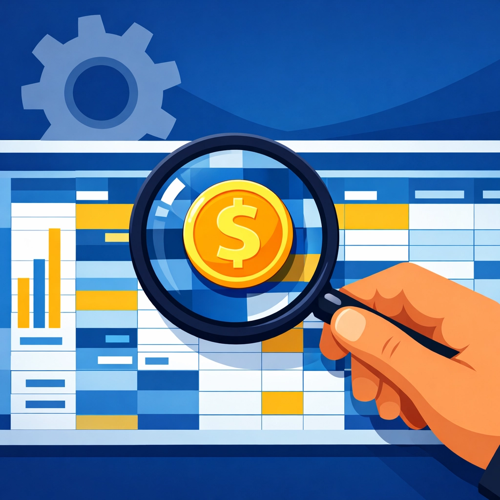 A professional magnifying glass identifying tax deductions and business savings on a digital spreadsheet.