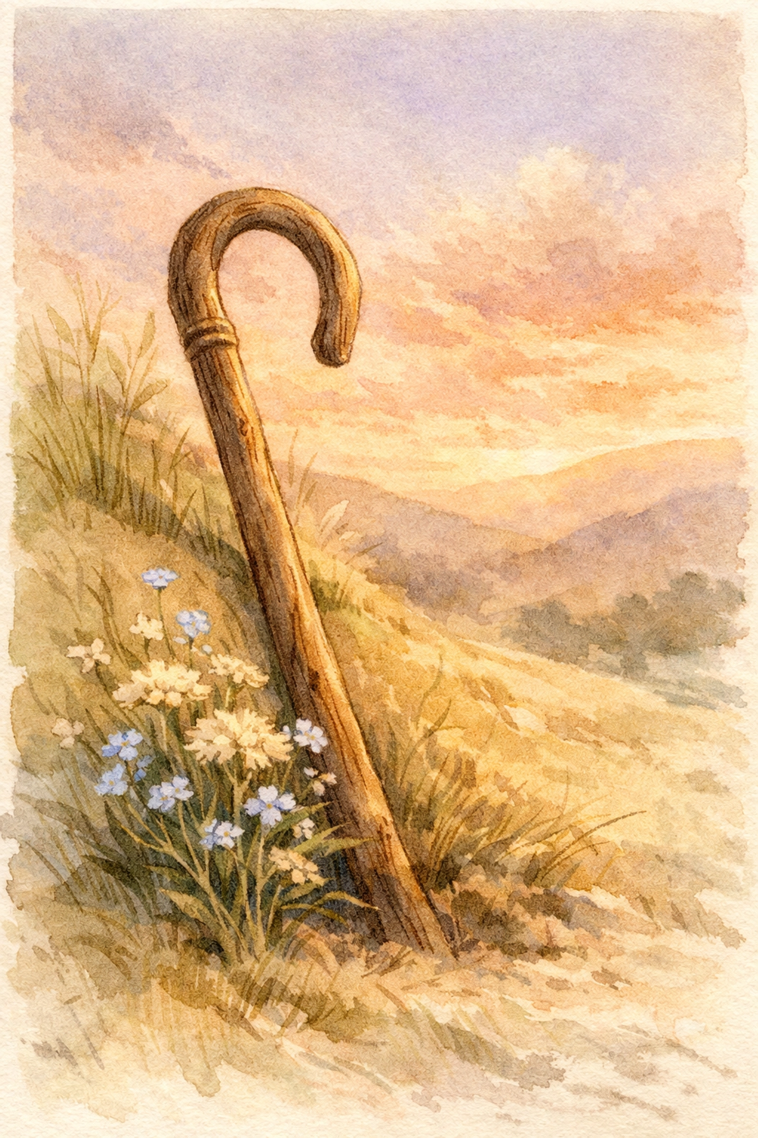 Shepherd's rod resting on hillside representing God's loving correction and protection for Christian parents