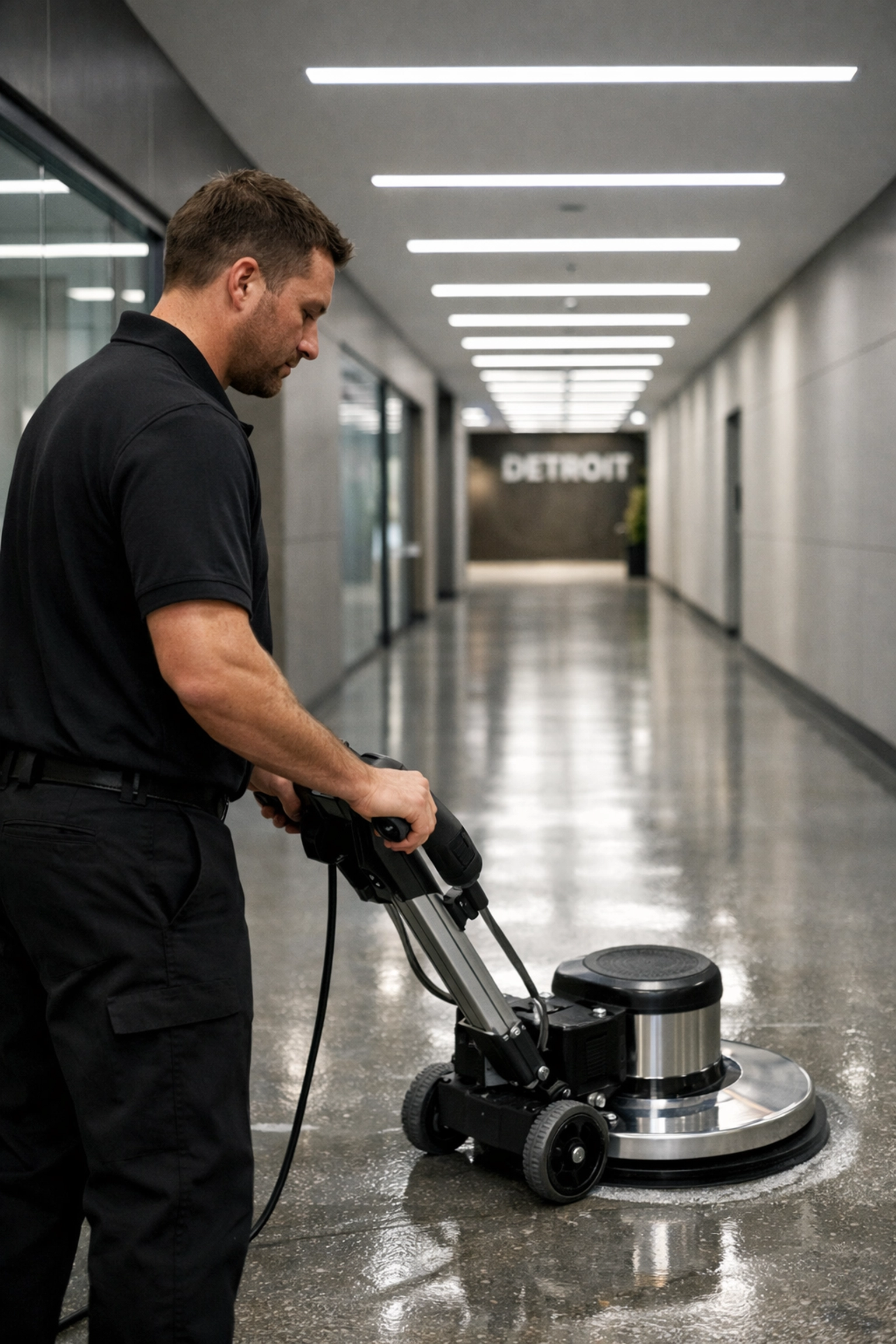Professional cleaning provider using a floor polisher in a modern Detroit commercial hallway.