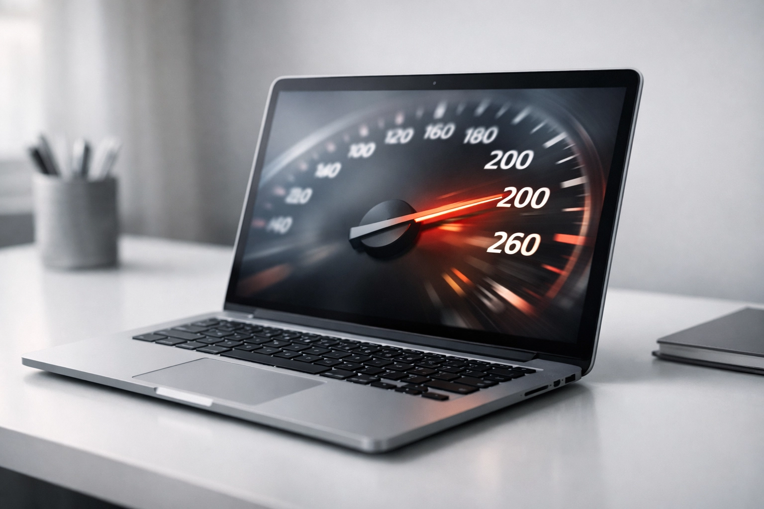 Laptop displaying website speed performance metrics on minimalist desk