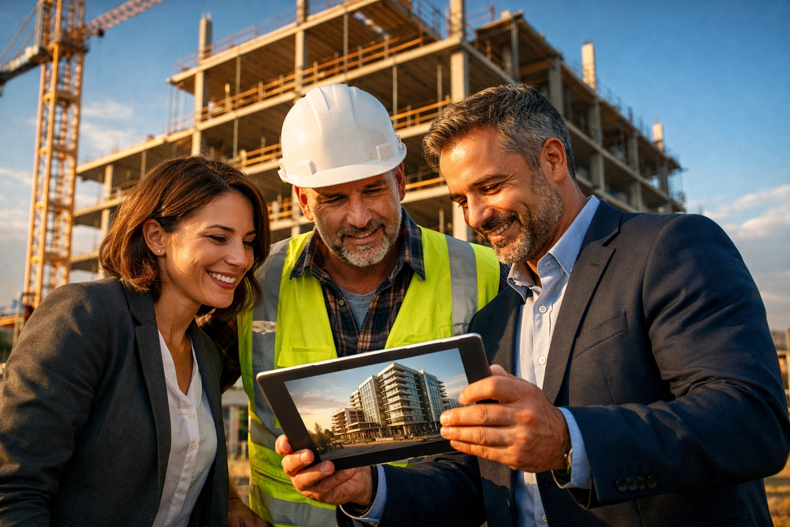 A professional developer and architect team collaborating on an active construction site.