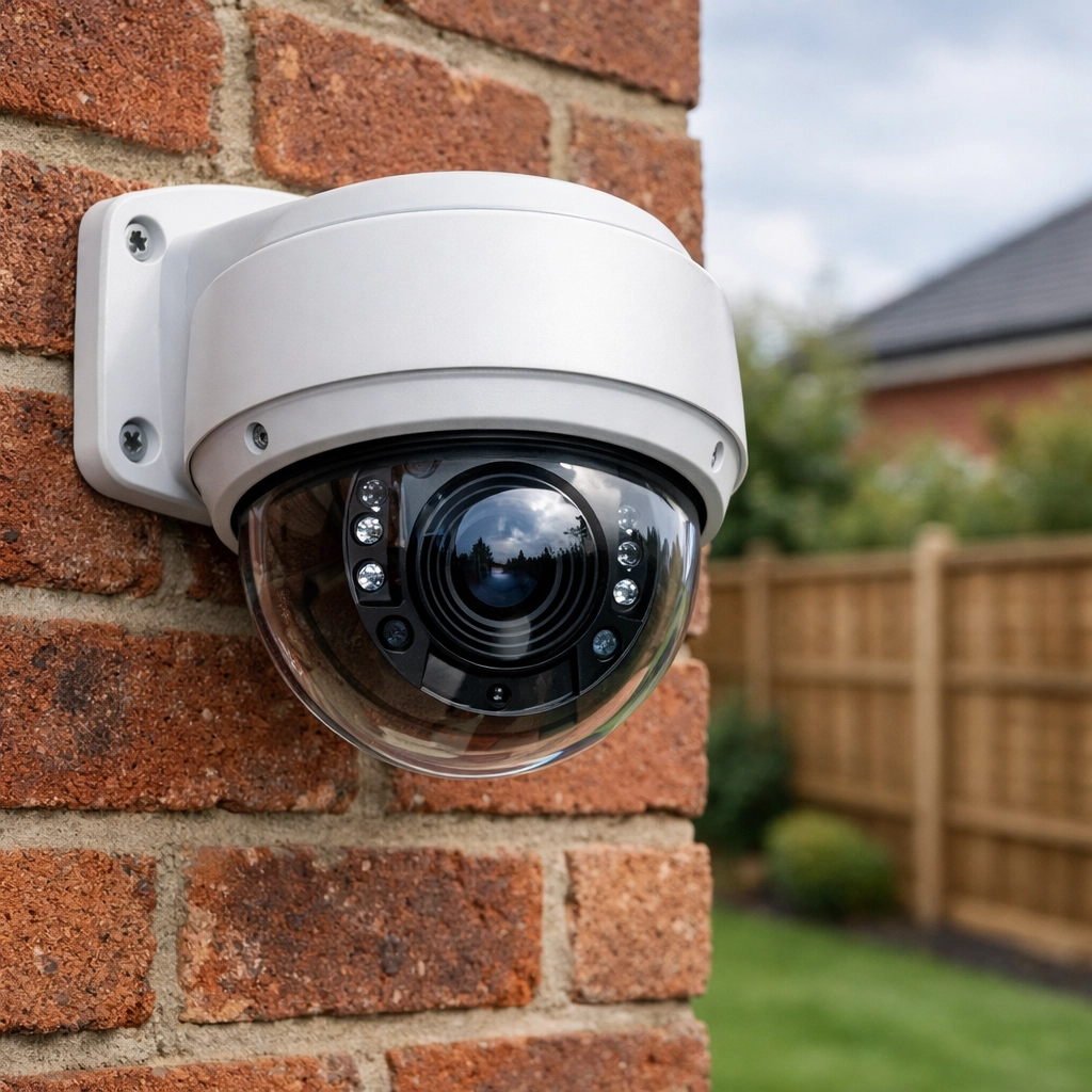 Professional dome security camera mounted on a brick house for residential CCTV installation in Longwell Green.