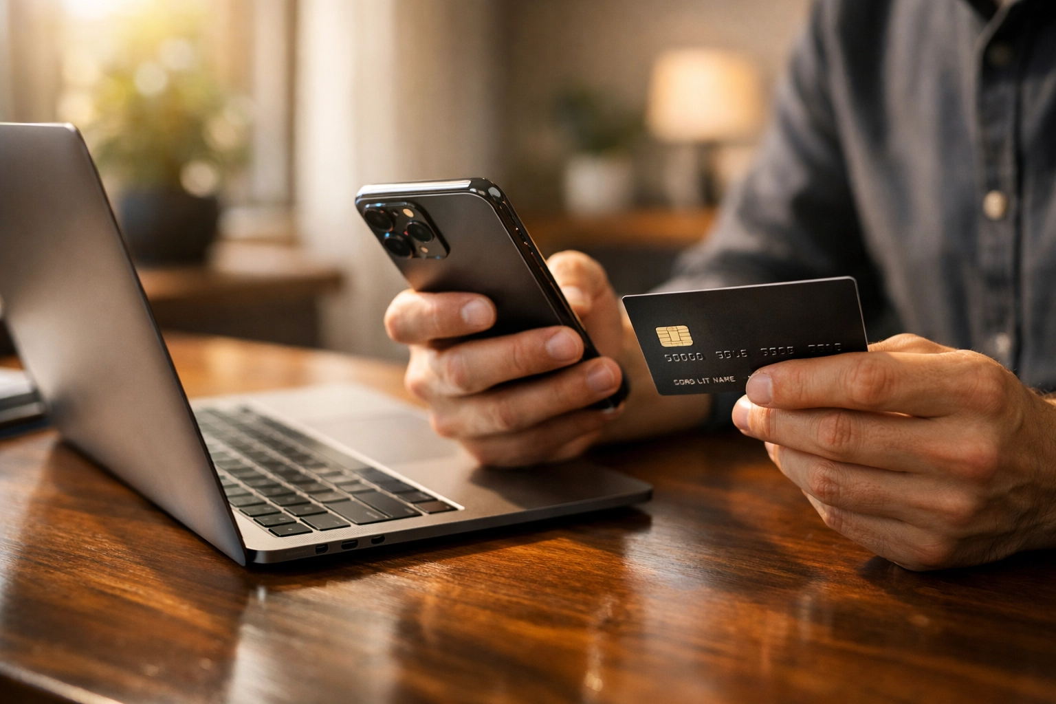 A person using a smartphone and bank card to report fraudulent transactions and stop a romance scam.