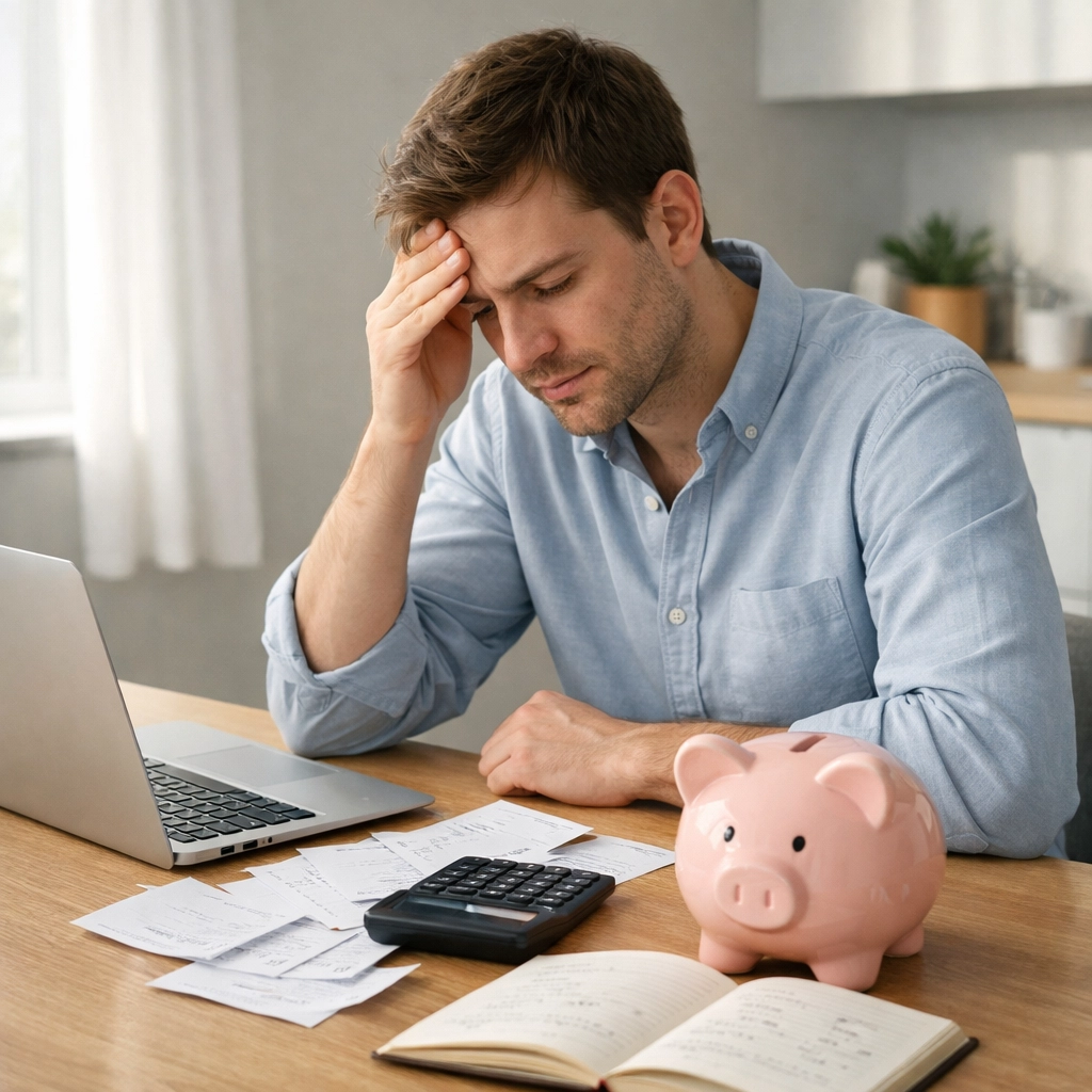 Person calculating car insurance deductible costs with bills and calculator in Pennsylvania