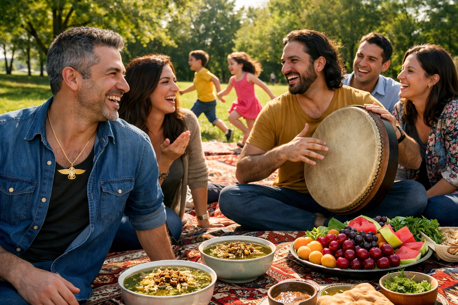 A Persian family picnic with traditional food and music in a park celebrating Nature Day.