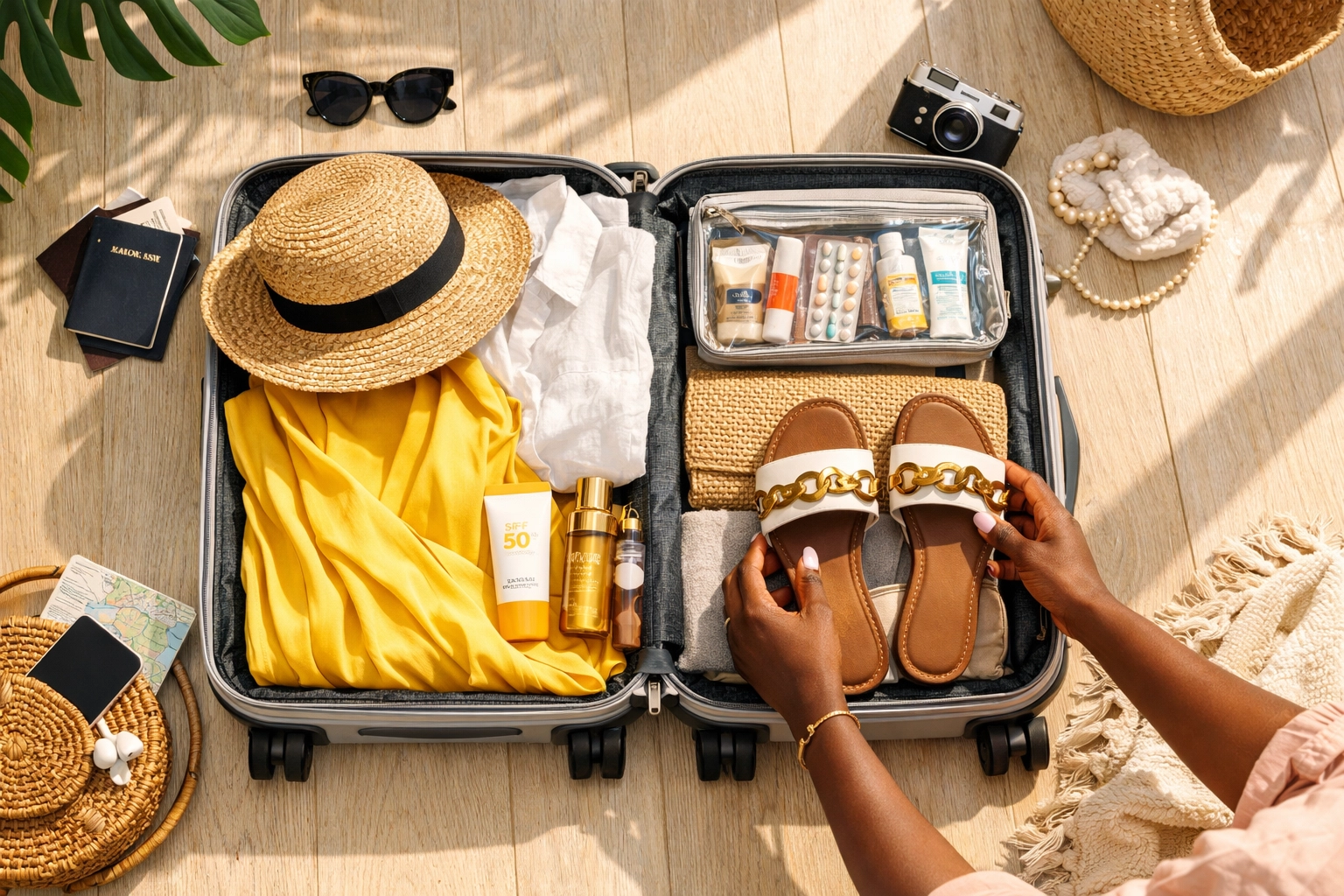 Packing a suitcase with resort elegant attire and essentials for an international travel package.