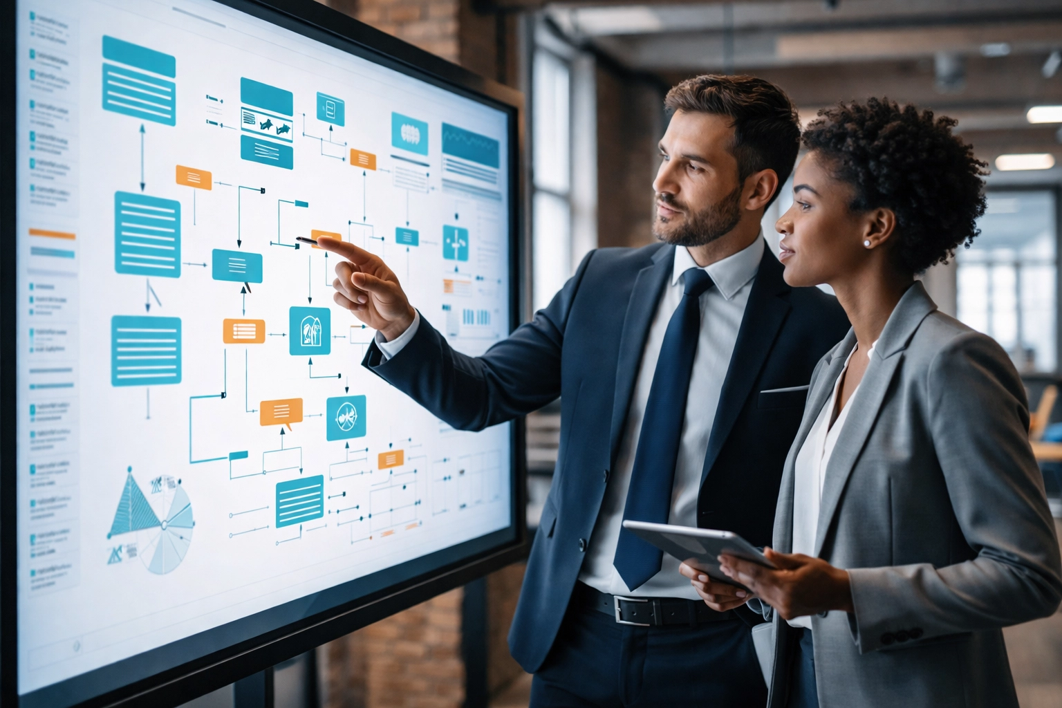 Business professionals analyzing workflow diagrams to optimize operations and drive business transformation