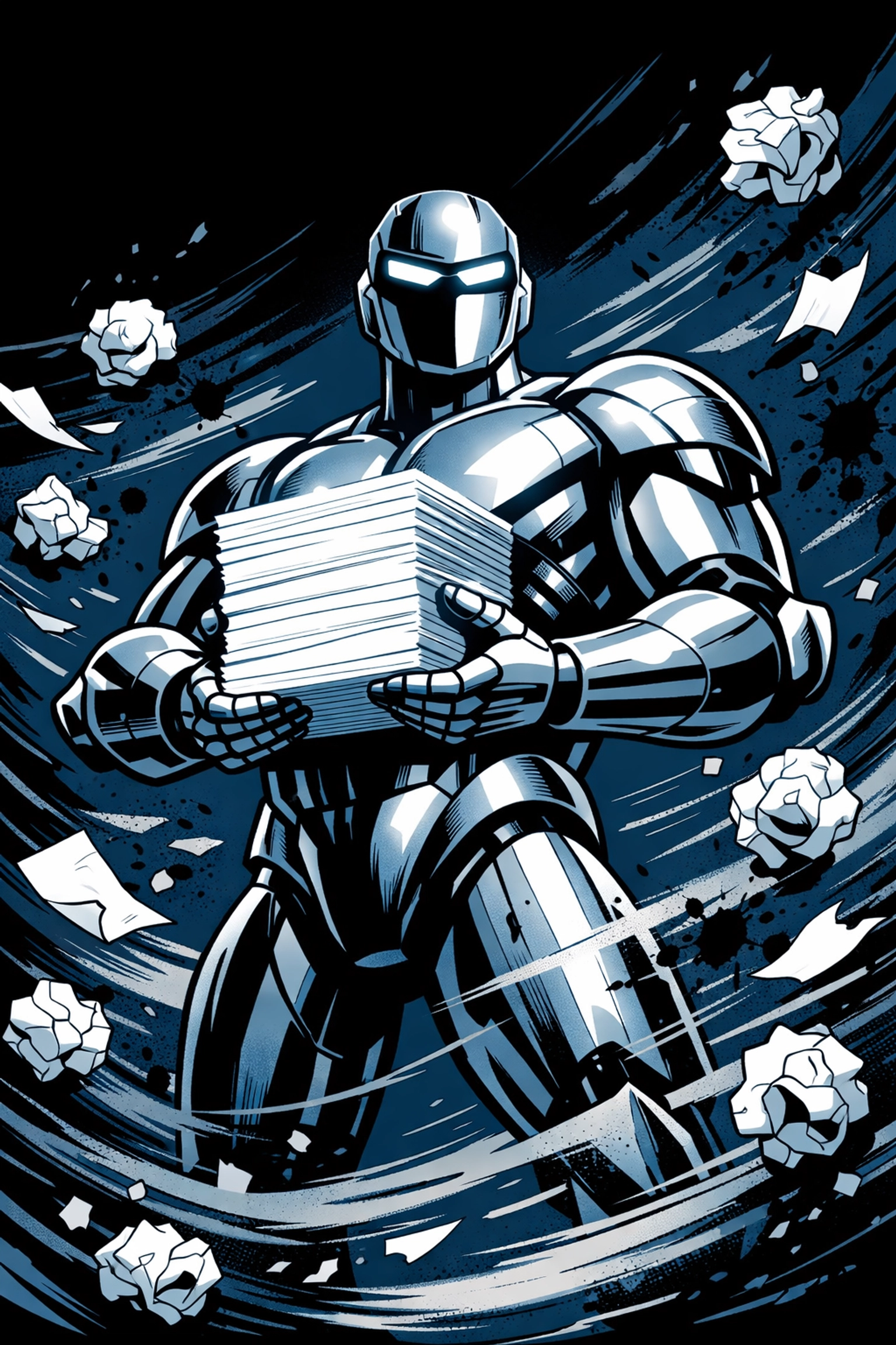 A heroic robot organizing paperwork to represent reliable, error-free business automation.