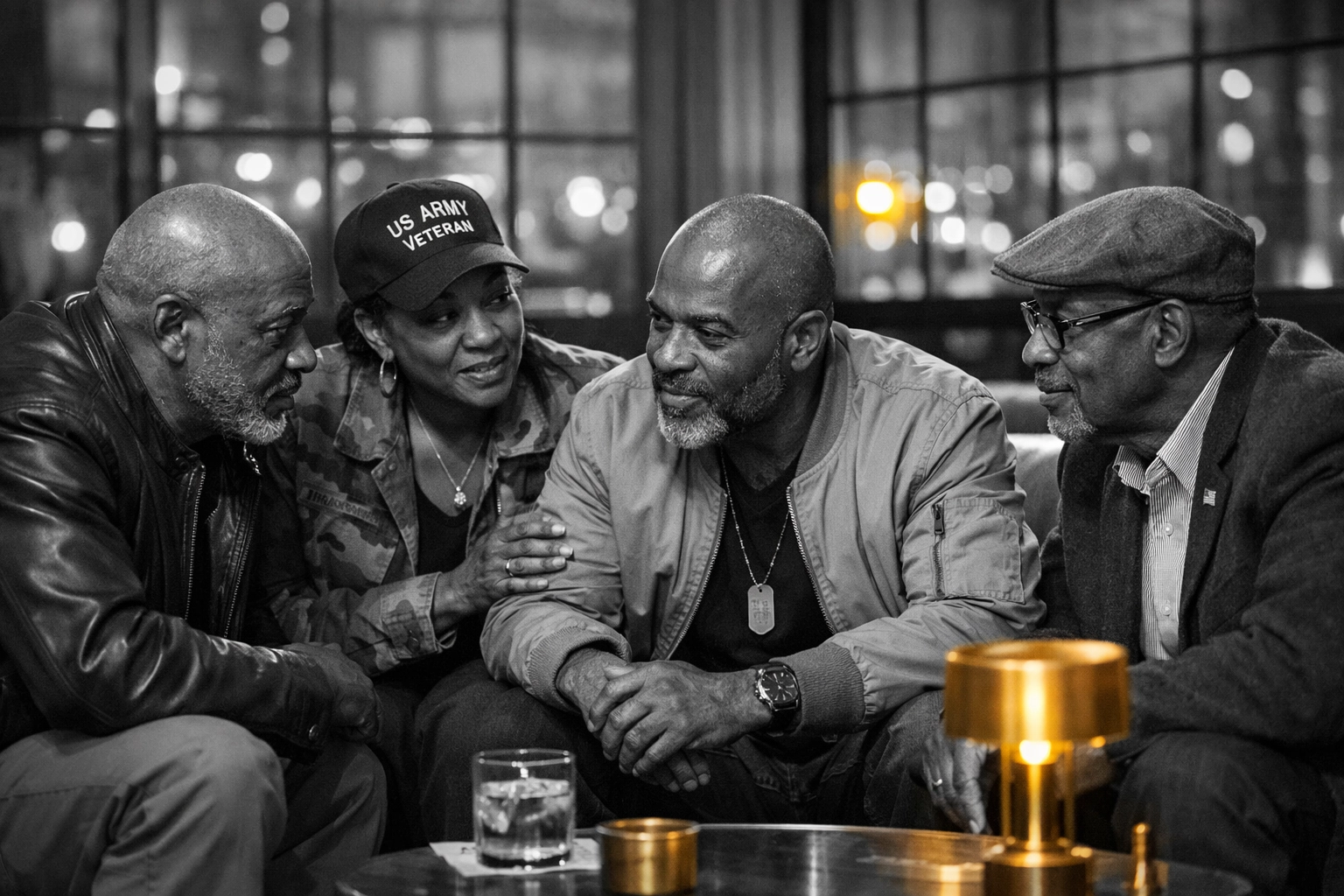 A group of Black veterans sharing community and support in an urban Christian Veterans setting.