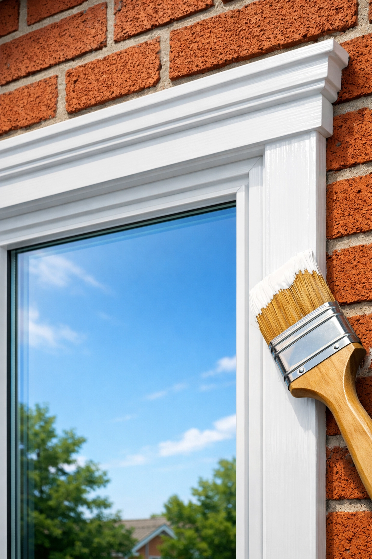 Painting a restored wooden window frame on a brick house for weather protection.
