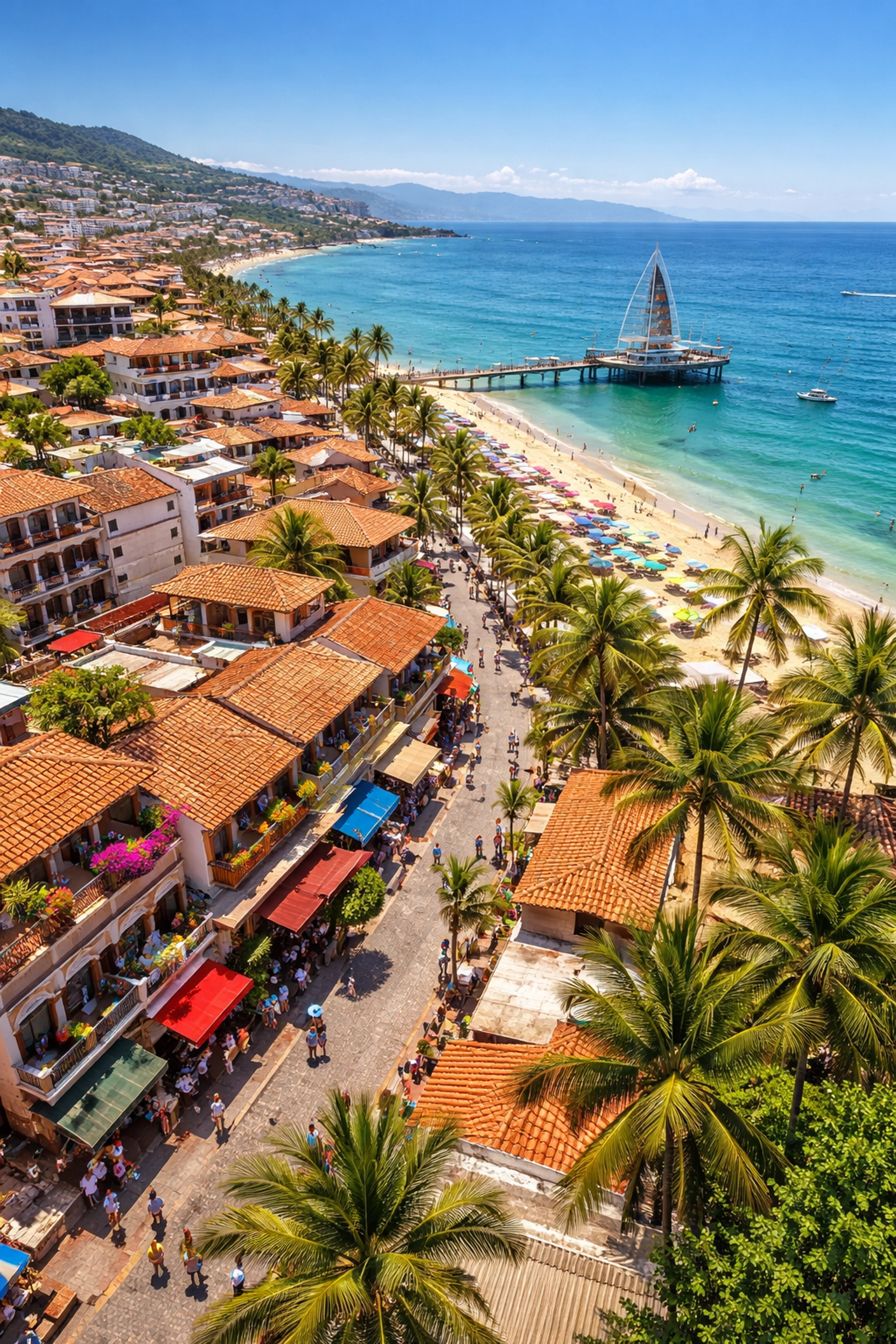 Aerial view of walkable Zona Romántica neighborhood and Los Muertos Beach in Puerto Vallarta
