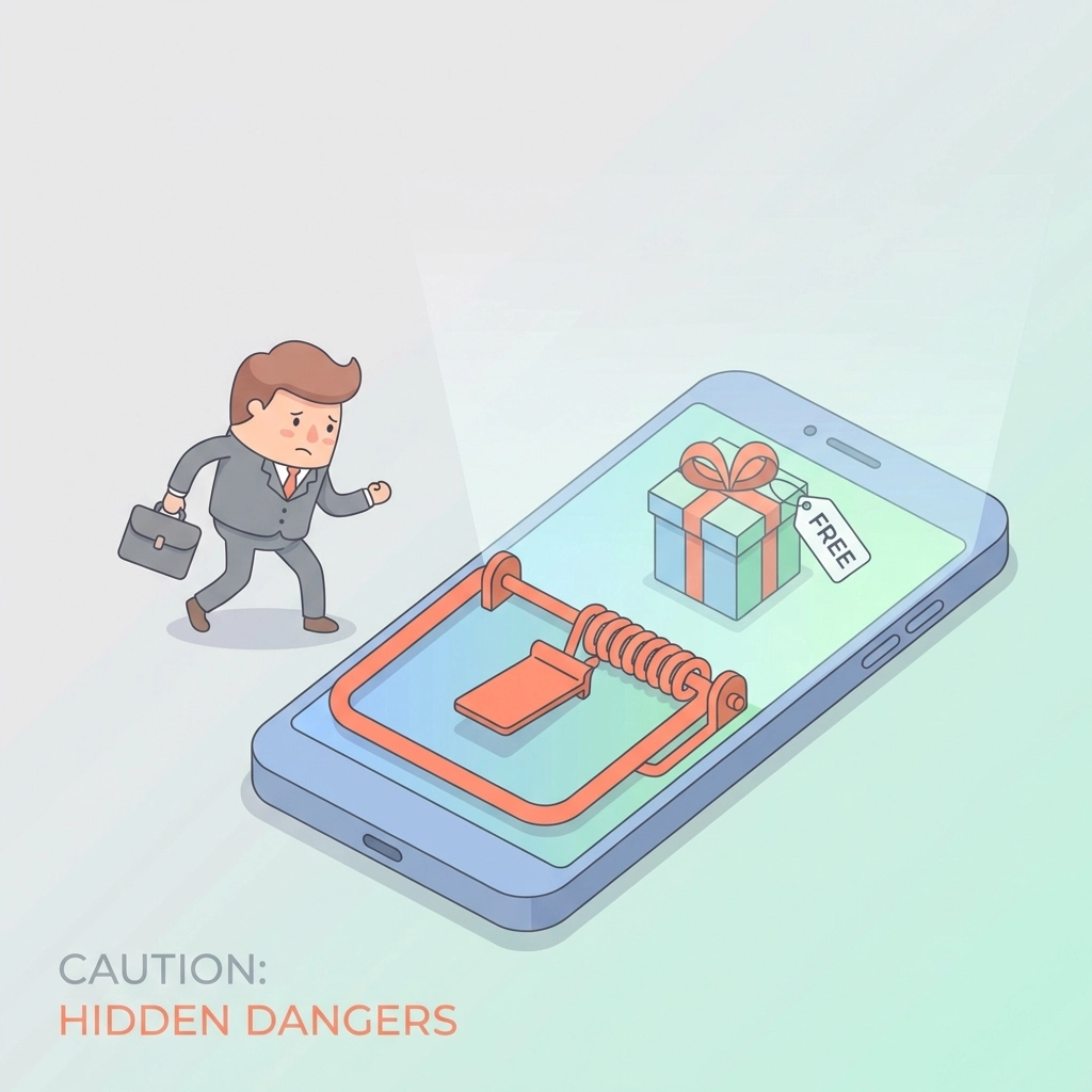 Flat design of a smartphone as a mousetrap with a 'FREE' gift box icon, symbolizing the risks of free MMS marketing platforms.