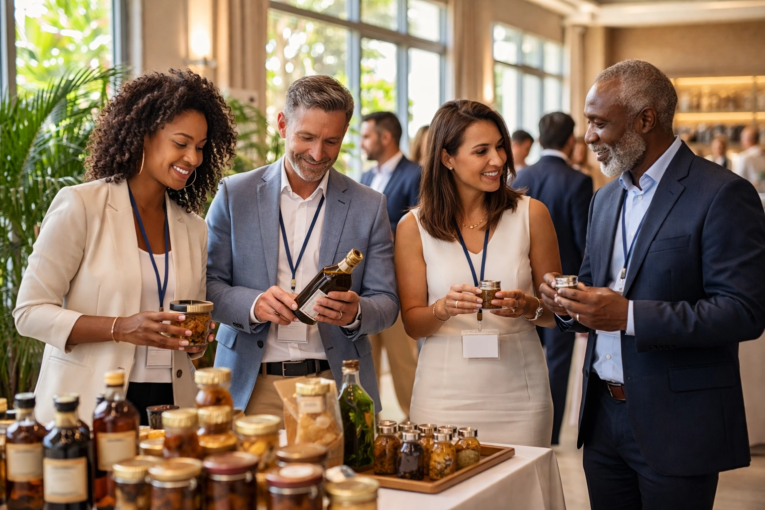 Business professionals at a Caribbean trade exhibition discussing premium export products and export market potential