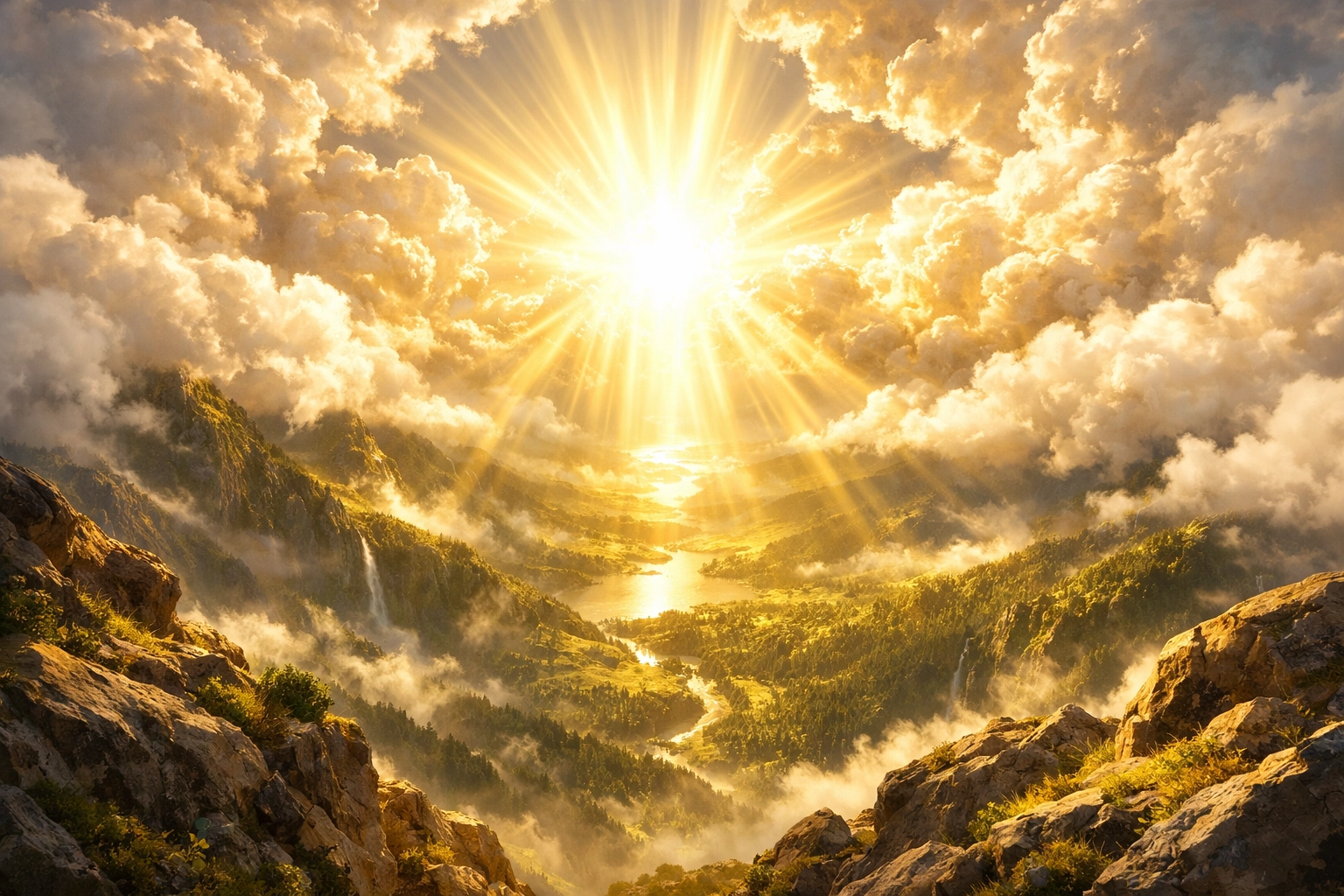 Golden sunlight breaking through clouds over a valley, symbolizing the return of Jesus Christ and the blessed hope.