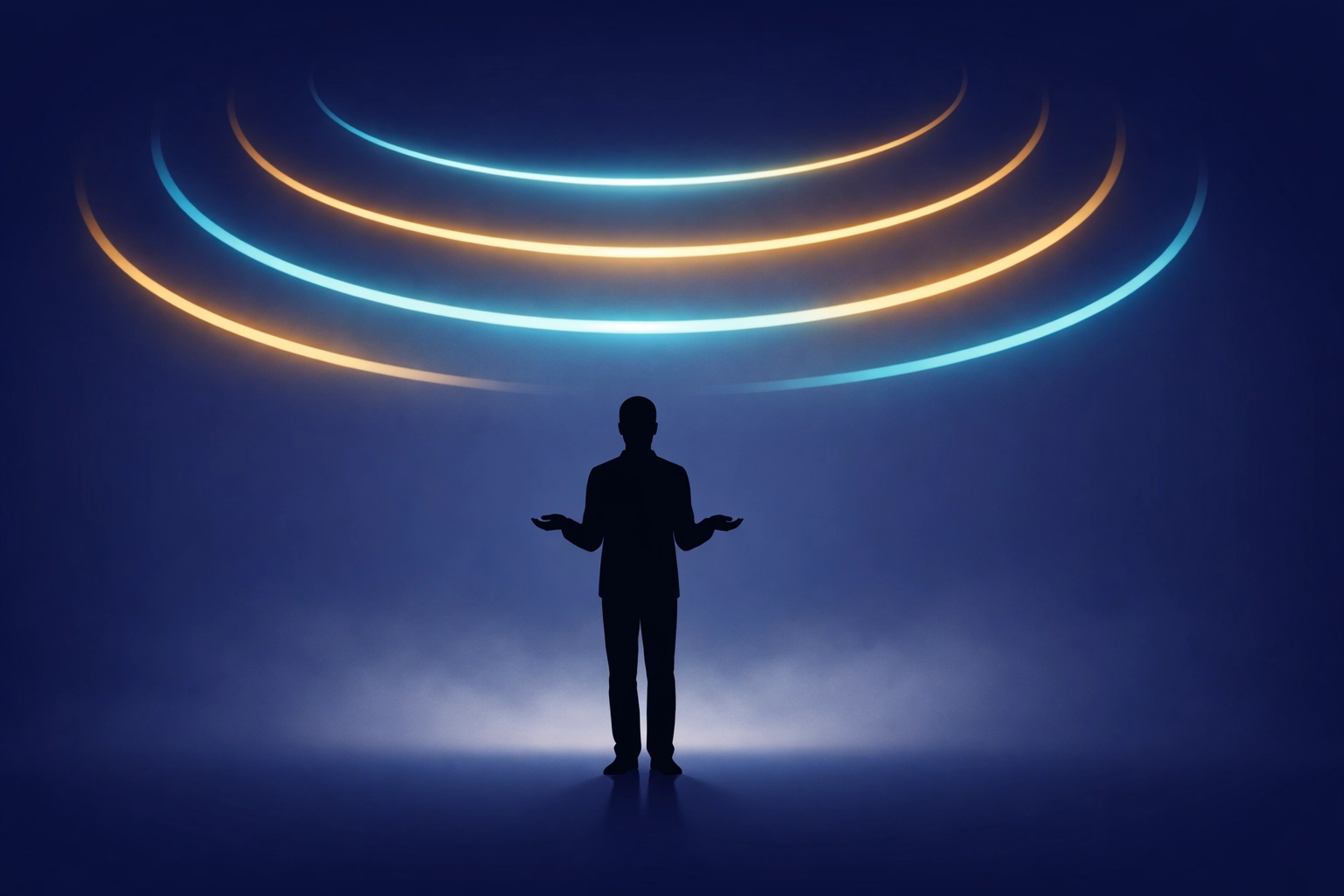 A silhouette in prayer with open hands surrounded by light, depicting deep Christian worship and healing presence.