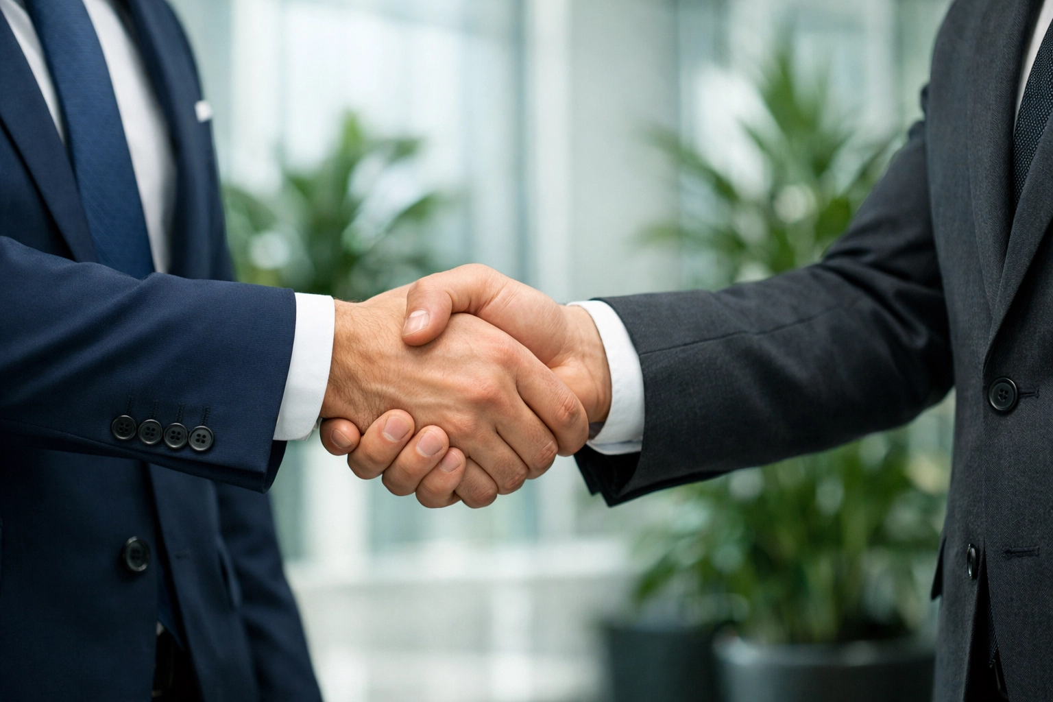 Business partners shaking hands in an office, celebrating a successful business funding deal.