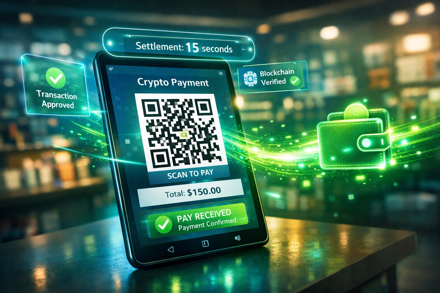 Instant crypto payment settlement through self-custody mobile POS with QR code scanning