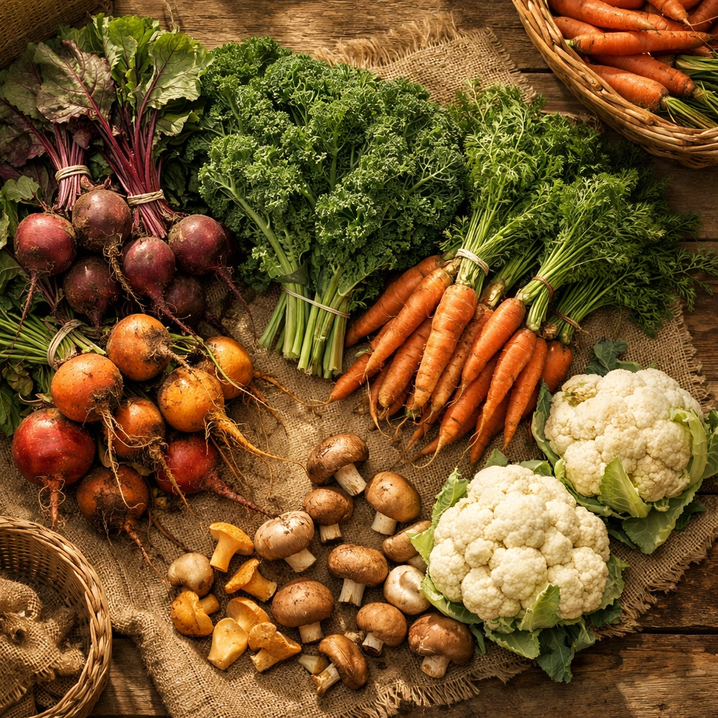 Fresh Pacific Northwest vegetables from farmers market including beets, kale, carrots, and mushrooms