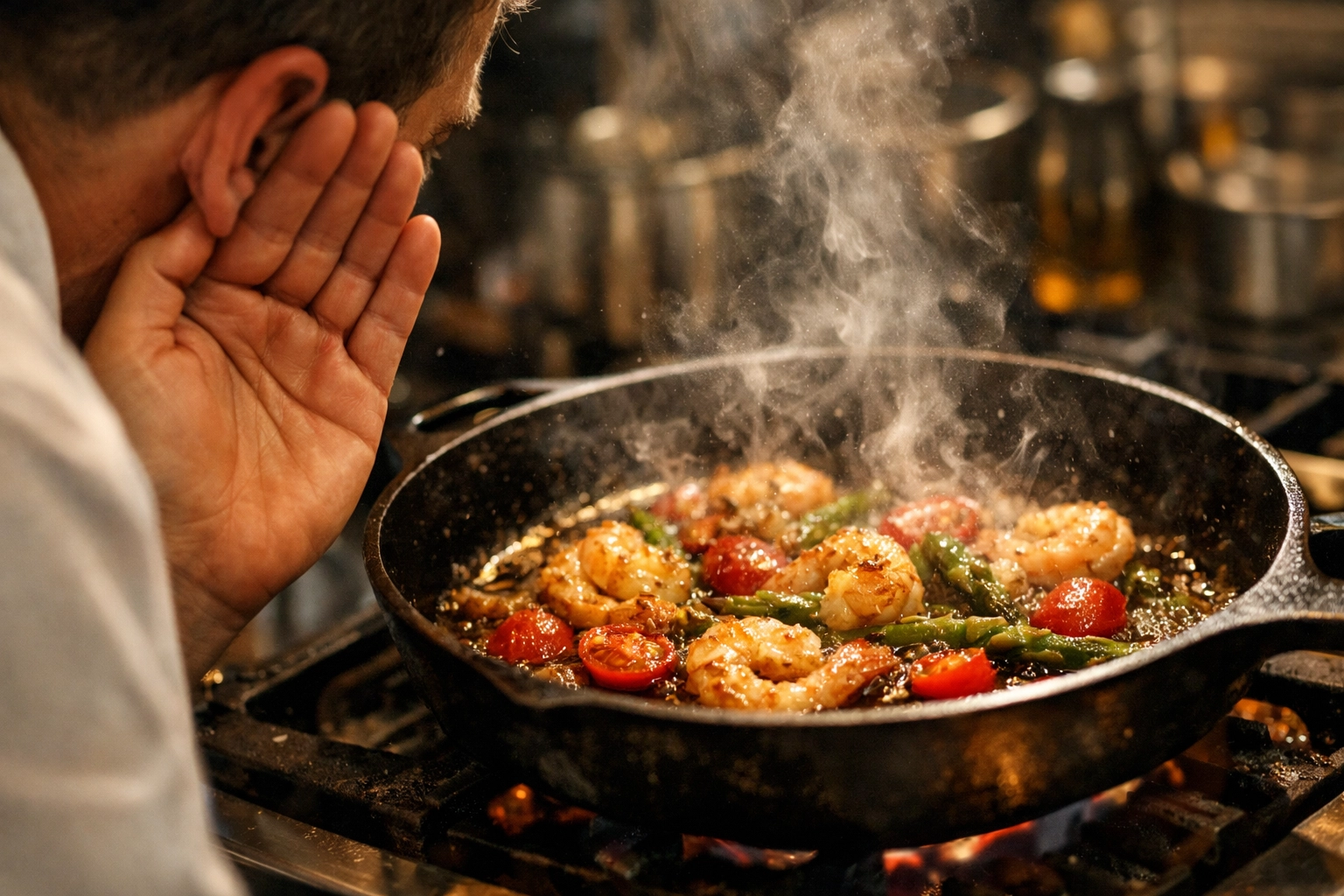[HERO] Close-up of a sizzling pan with steam rising as a chef leans in to listen, practicing sensory cooking skills at the stovetop.